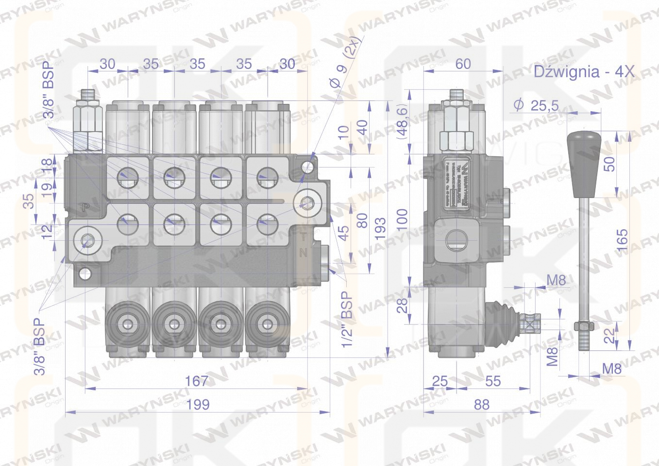 Rozdzielacz hydrauliczny 4-sekcyjny max przepływ 40L (1 sekcja z zatrzaskiem) Waryński