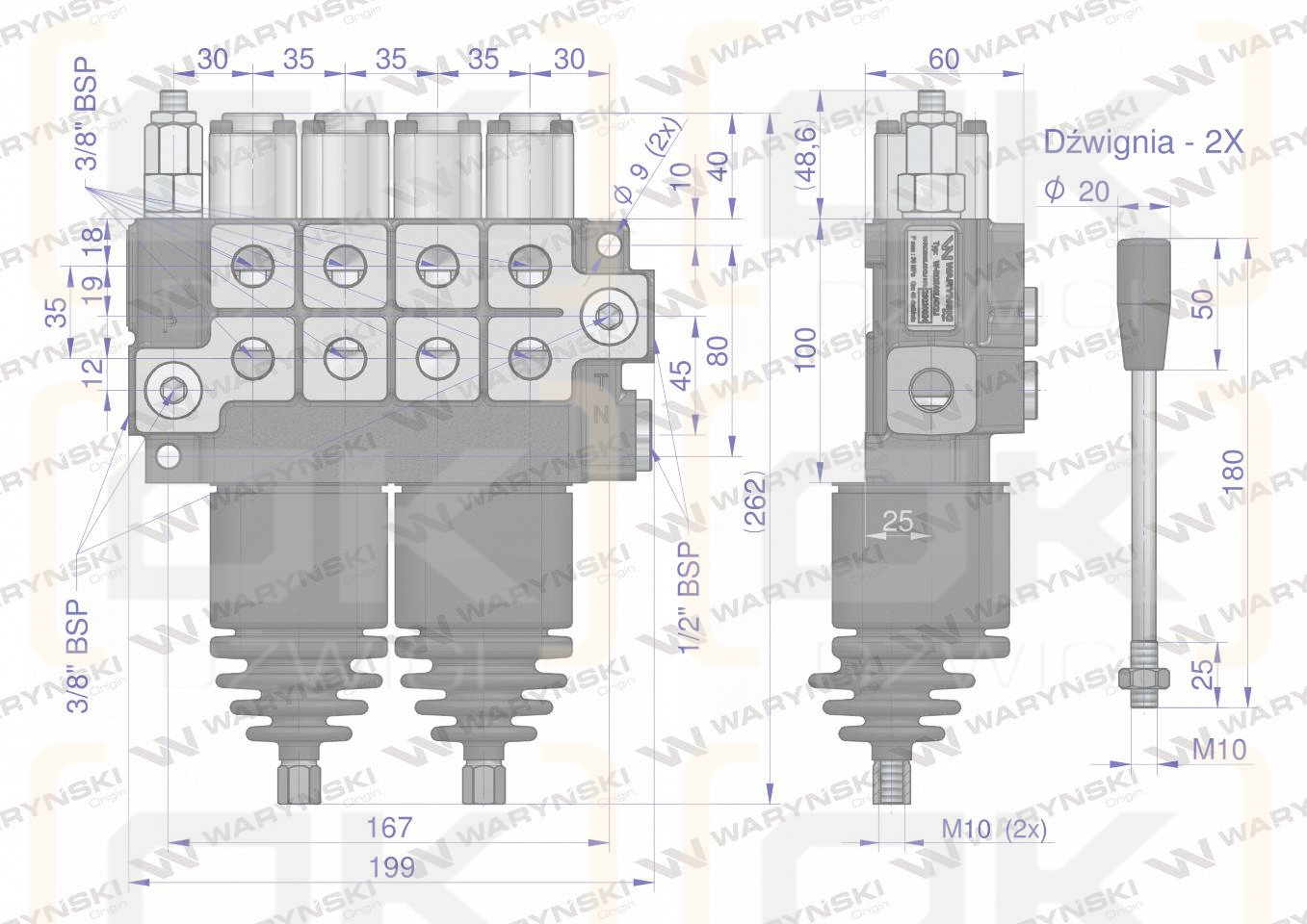 Rozdzielacz hydrauliczny 4-sekcyjny max przepływ 40L (2 sekcje x 1 dźwignia + 2 sekcje x 1 dźwignia) Waryński