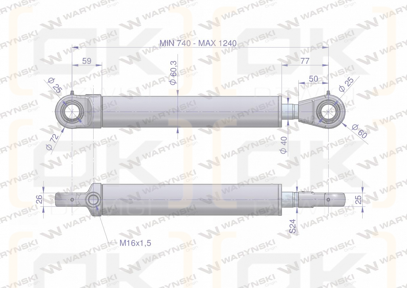 Cylinder hydrauliczny - siłownik jednostronny CJ2F50/40/500 Waryński
