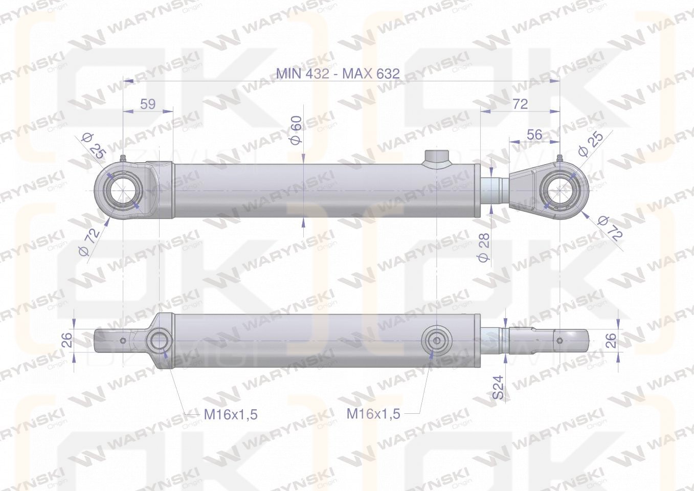Cylinder hydrauliczny - siłownik dwustronny wspomagania CJF-50/28/200Z (sworzeń 25mm) Bizon Waryński