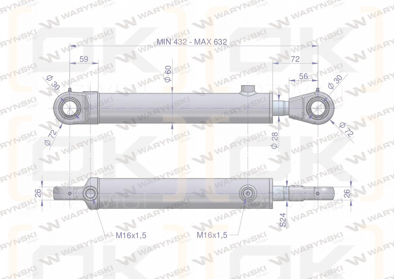 Cylinder hydrauliczny - siłownik dwustronny wspomagania CJF-50/28/200Z (sworzeń 30mm) Bizon Waryński