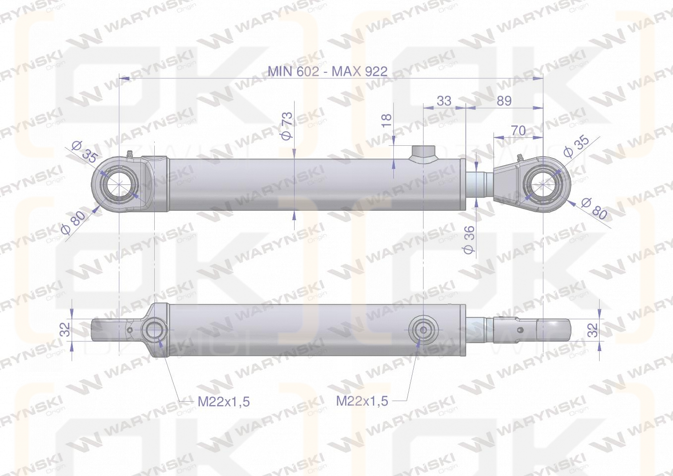 Cylinder hydrauliczny - siłownik dwustronny (7210120053. CJ2*63/36*320z+KT2) chwytak TUR Waryński