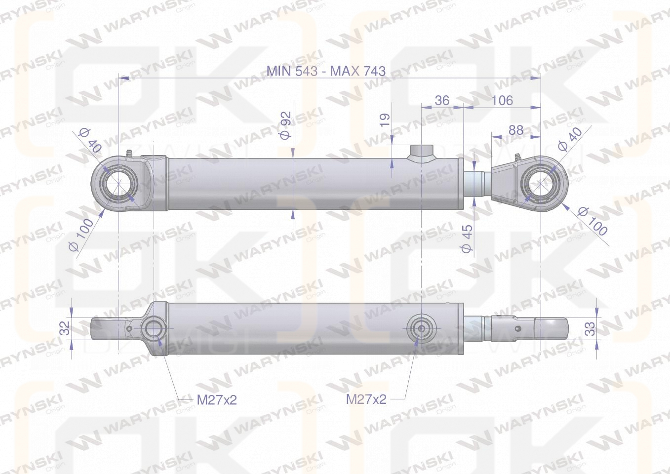 Cylinder hydrauliczny - siłownik dwustronny (7214095071. CJ2F-80/45/200ZN)  cyklop. chwytak Waryński