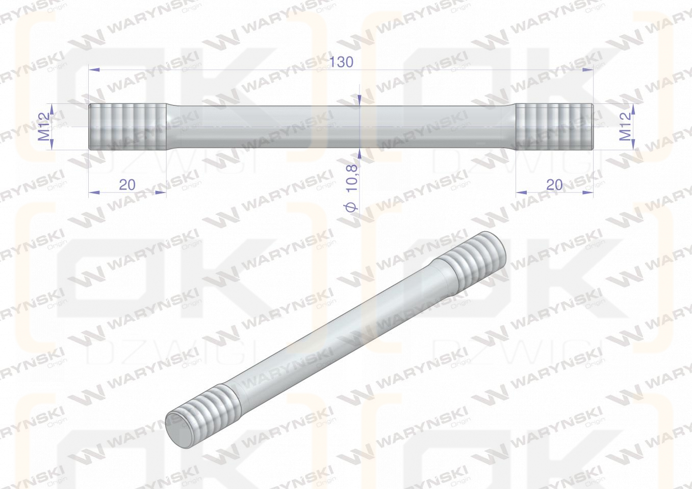 Stud bolt, M12 130mm 20mm thread, (sold in 25), Waryński