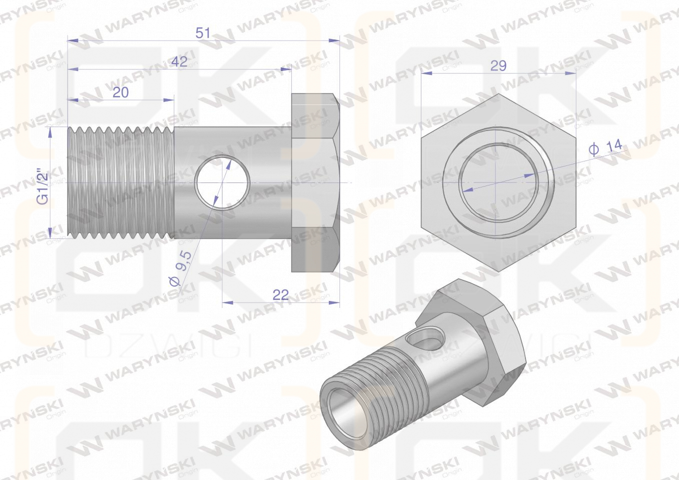 Śruba oczkowa przelewowa calowa G1/2-14. L-42mm. Waryński ( sprzedawane po 10 )
