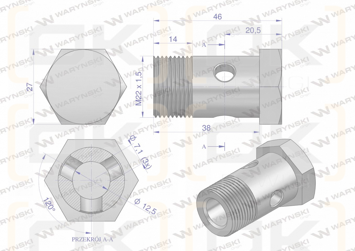 Śruba oczkowa przelewowa metryczna M22x1.5 Waryński ( sprzedawane po 10 )