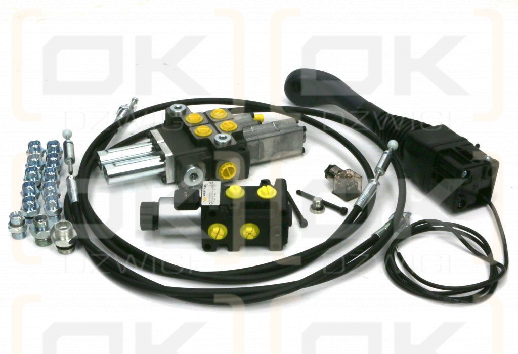 Zestaw 40L do ładowacza czołowego: Rozdzielacz 2-sek.(1 pływająca) + Elektrozawór + Joystick z przyciskiem na kulkę + El.zł.+ Linki 1500mm Waryński