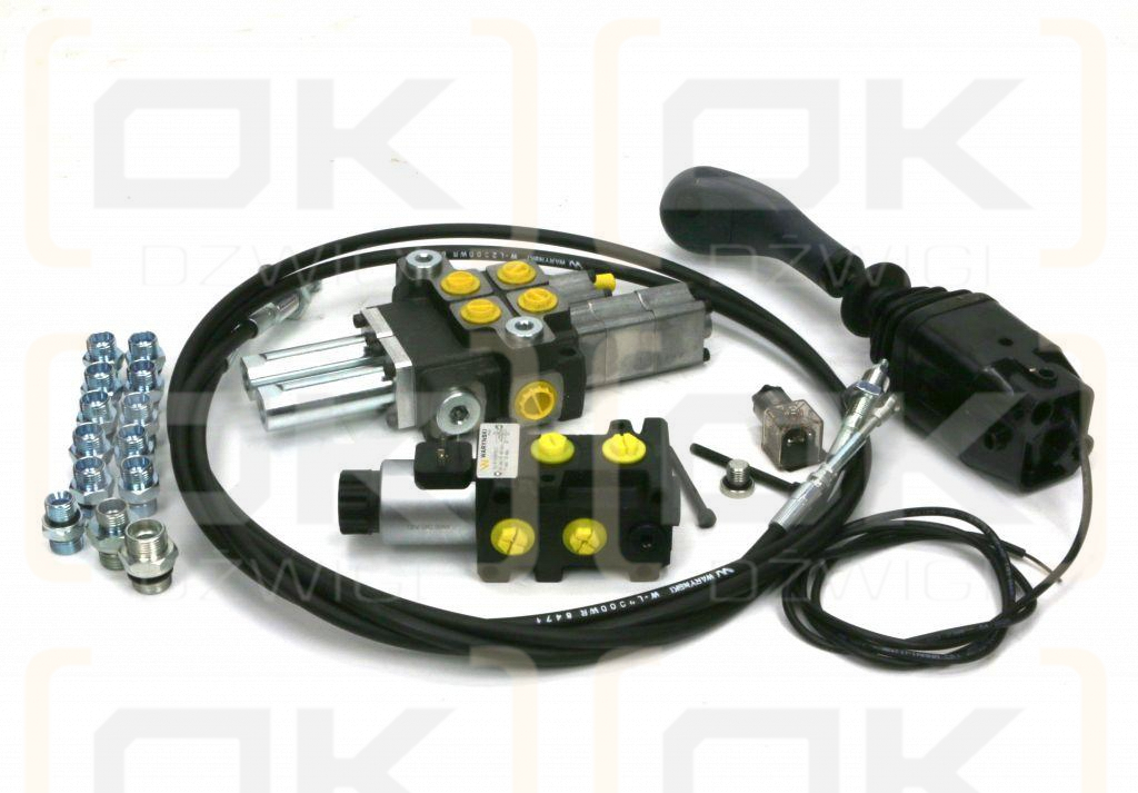 Zestaw 40L do ładowacza czołowego: Rozdzielacz 2-sek.(1 pływająca) + Elektrozawór + Joystick z przyciskiem na widełki + El.zł.+ Linki 2000mm Waryński