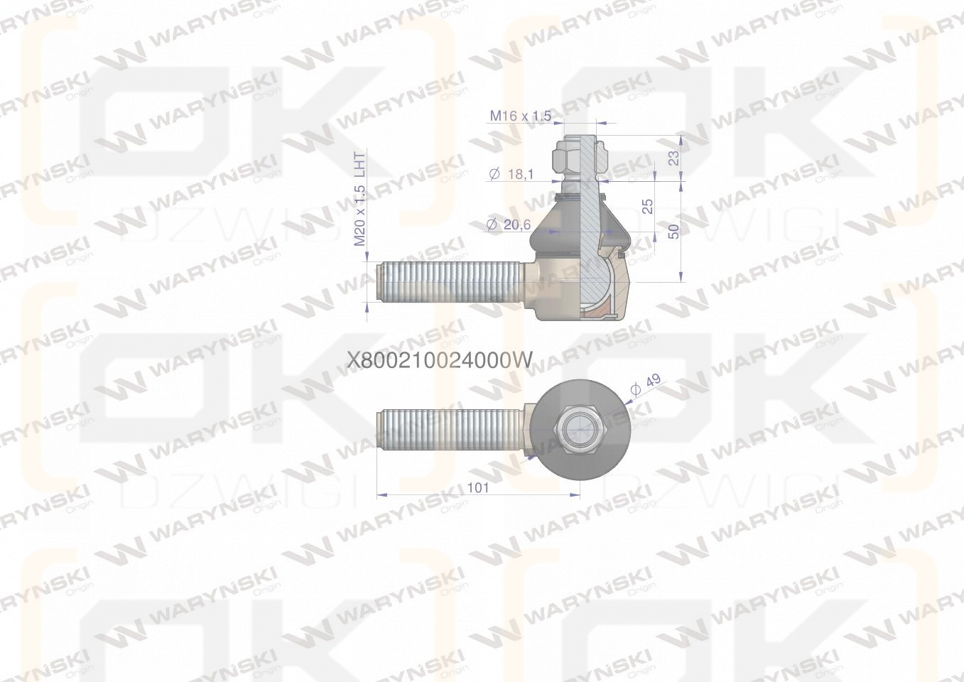 Przegub kierowniczy 101mm- M20 x 1,5 L X800210024000 WARYŃSKI
