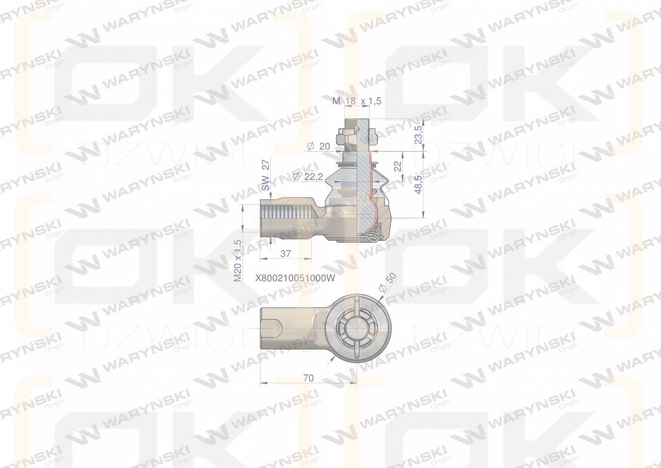 Przegub kierowniczy 70mm- M20x1,5 X800210051000 WARYŃSKI