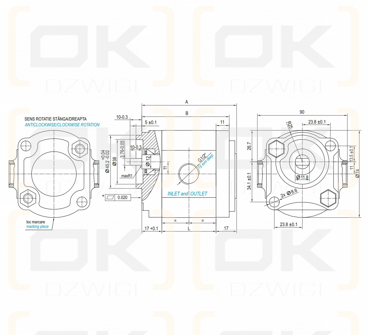 Гидравлический шестеренчатый насос 1,7 см3/об 250 бар