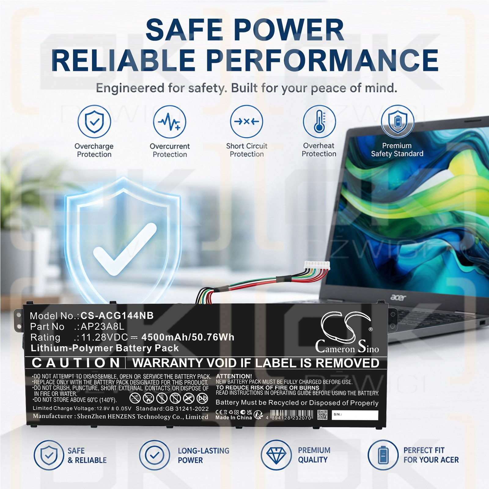 Ersatzakku für Acer Swift Go SFG14-73-79SX / AP23A8L 4500mAh Li-Polymer 11,28V (Cameron Sino)
