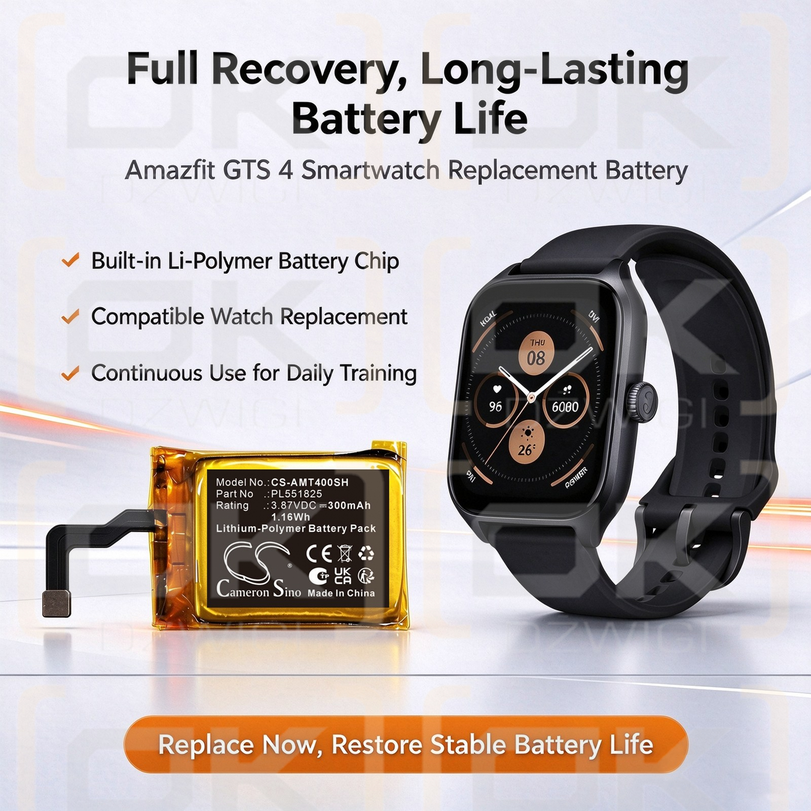Ersatzakku für Amazfit A2168 / PL551825 300mAh Li-Polymer 3,87V (Cameron Sino)