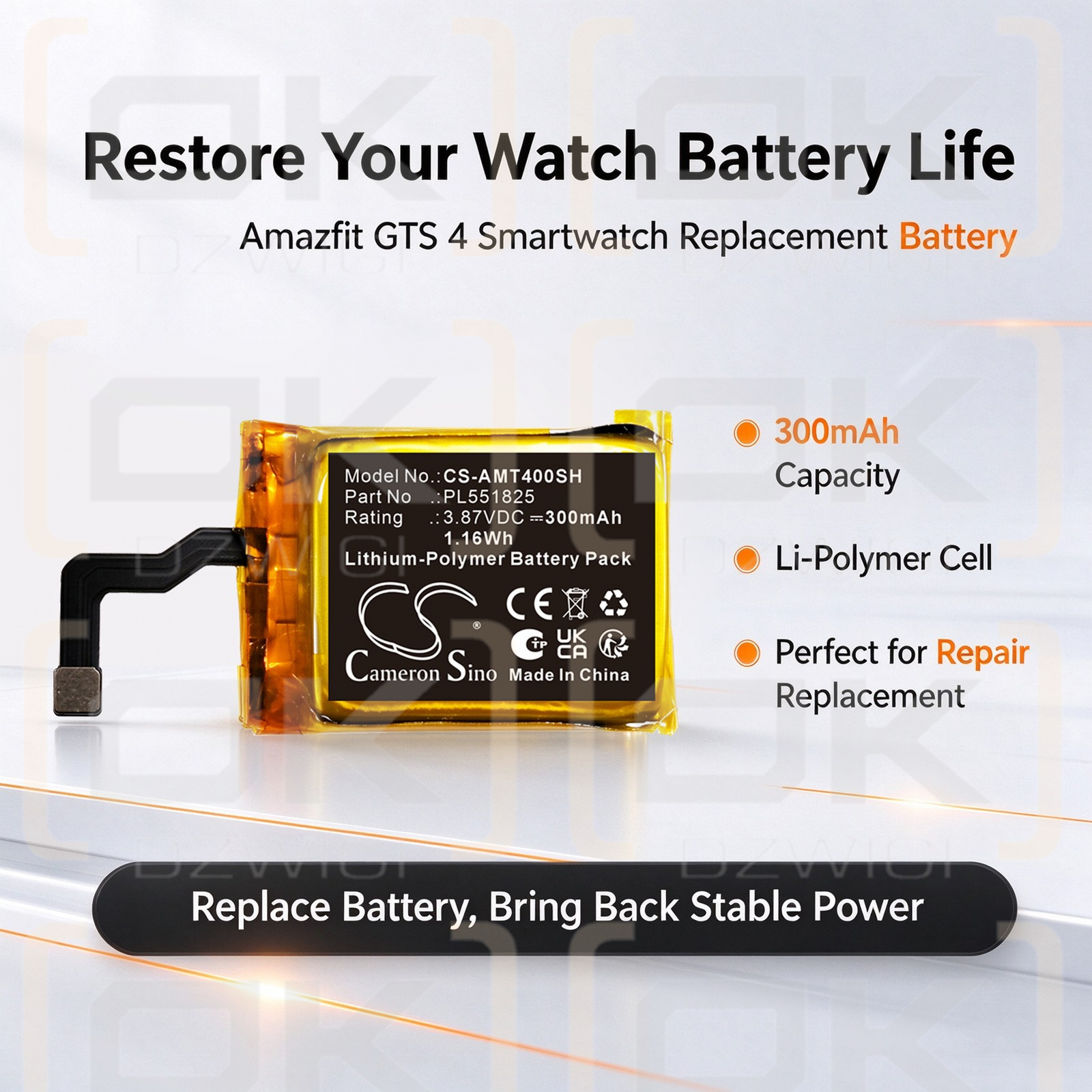 Ersatzakku für Amazfit A2168 / PL551825 300mAh Li-Polymer 3,87V (Cameron Sino)
