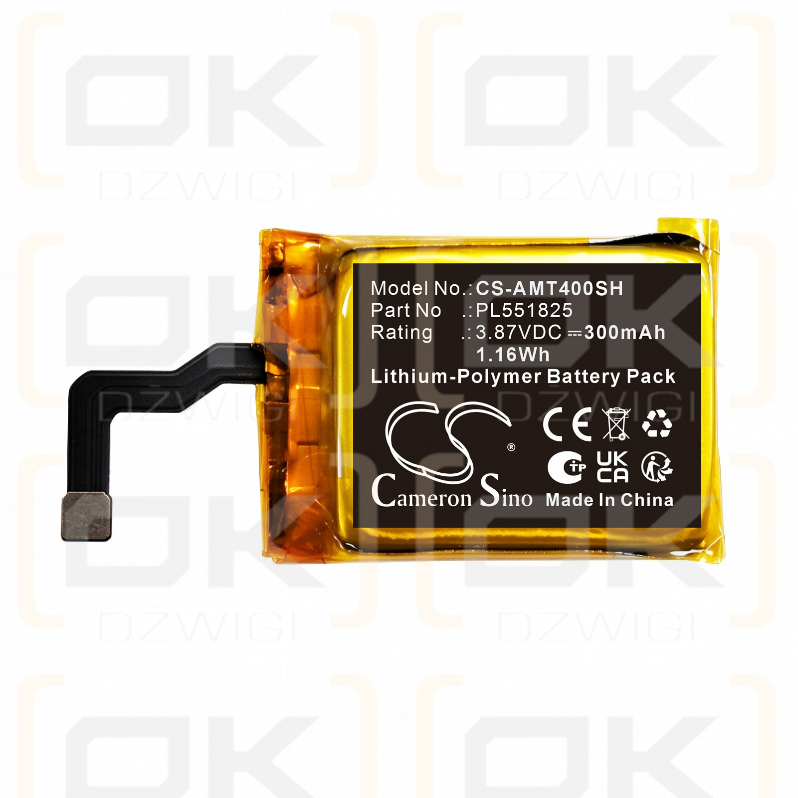 Ersatzakku für Amazfit A2168 / PL551825 300mAh Li-Polymer 3,87V (Cameron Sino)