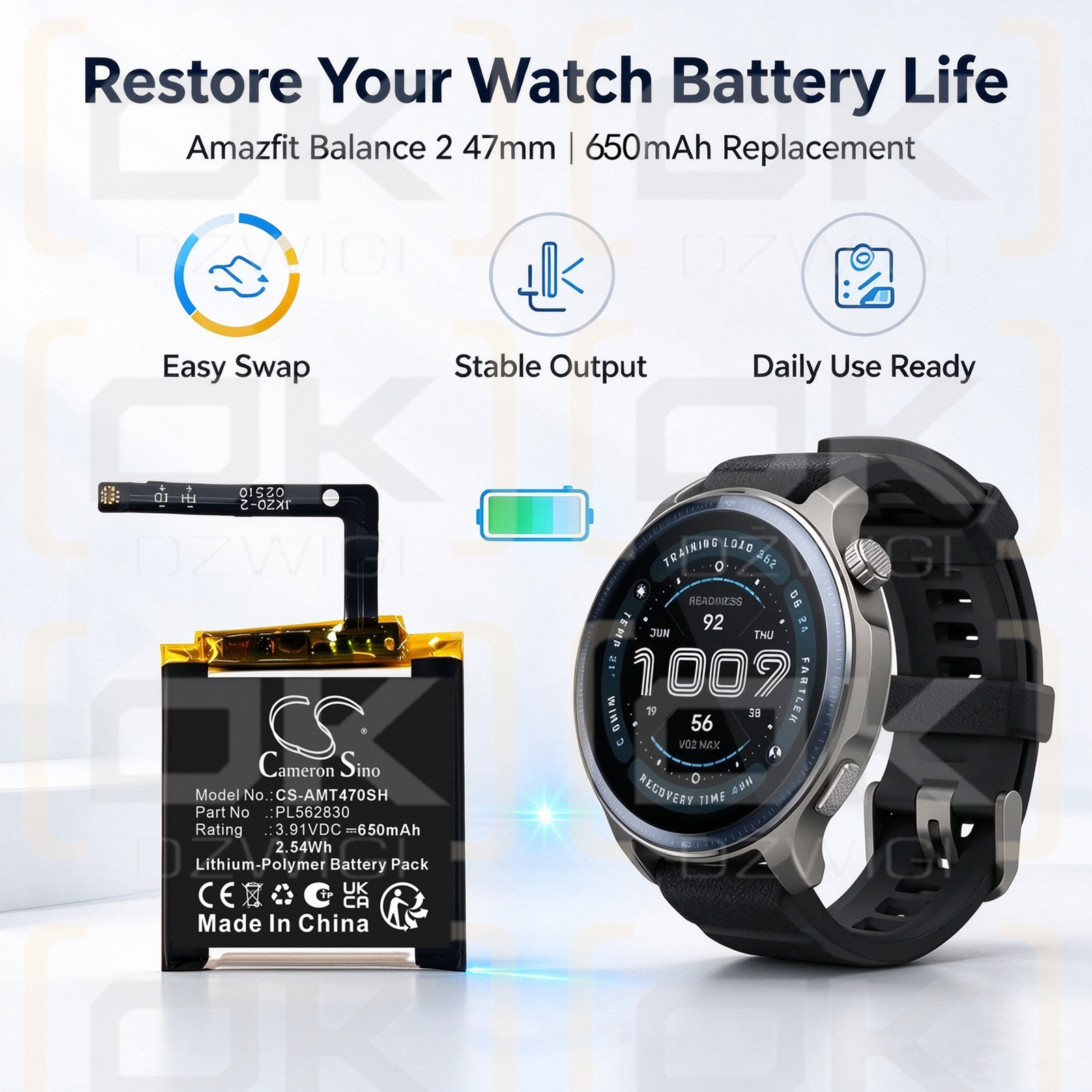 Ersatzakku für Amazfit Balance 47mm / PL562830 650mAh Li-Polymer 3,91V (Cameron Sino)