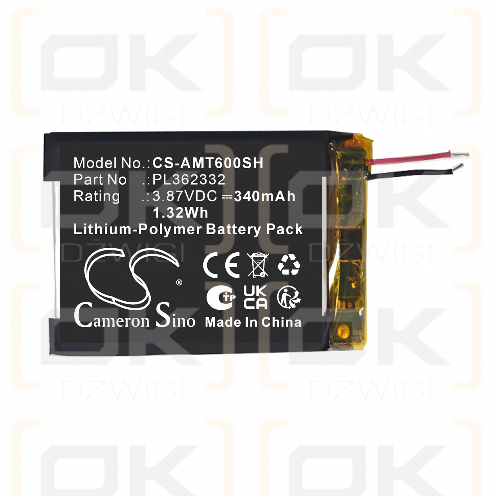 Ersatzakku für Amazfit A2435 / PL362332 340 mAh Li-Polymer 3,87 V (Cameron Sino)