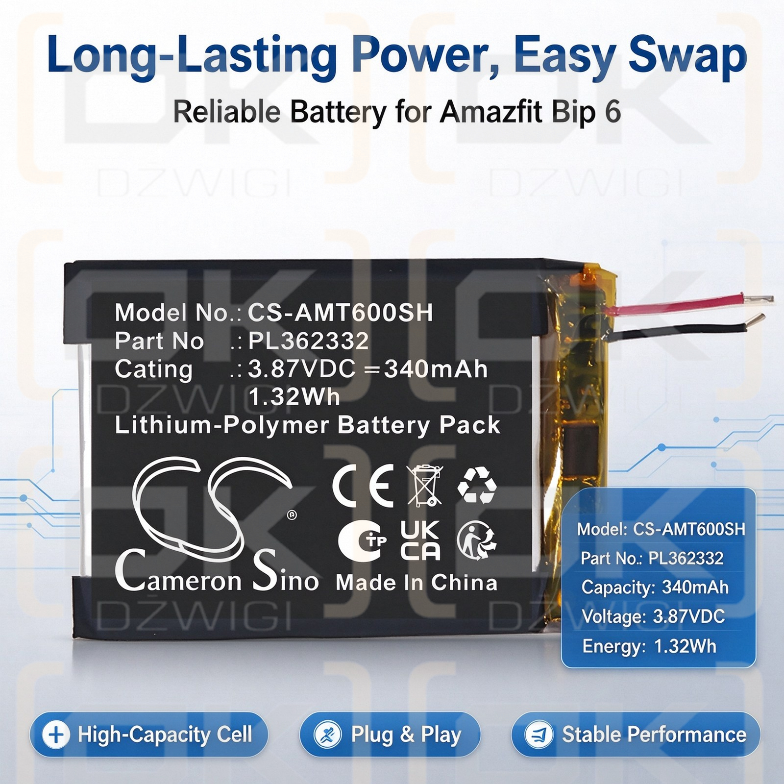 Ersatzakku für Amazfit A2435 / PL362332 340 mAh Li-Polymer 3,87 V (Cameron Sino)