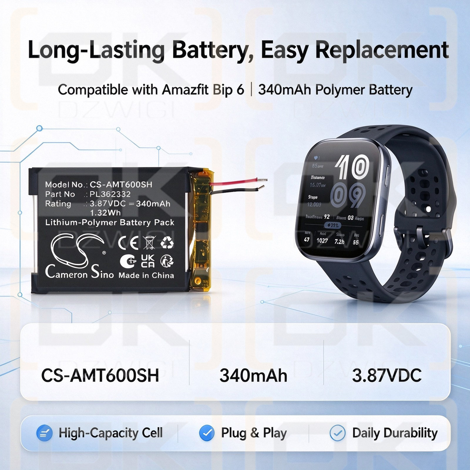 Ersatzakku für Amazfit A2435 / PL362332 340 mAh Li-Polymer 3,87 V (Cameron Sino)