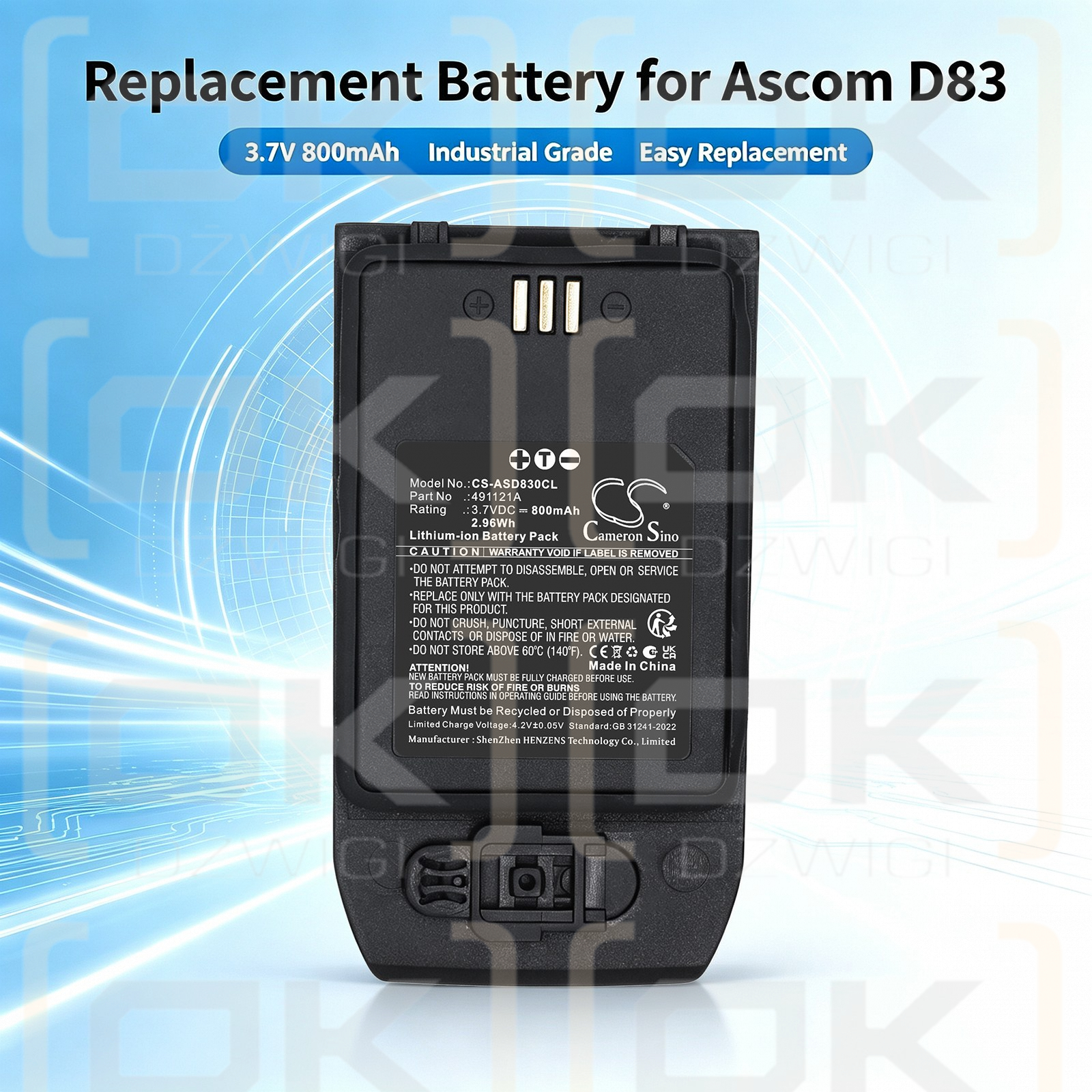 Bateria zamienna do Ascom  DH8-ACAA /  491121A 800 mAh Li-ion 3.7 V (Cameron Sino)