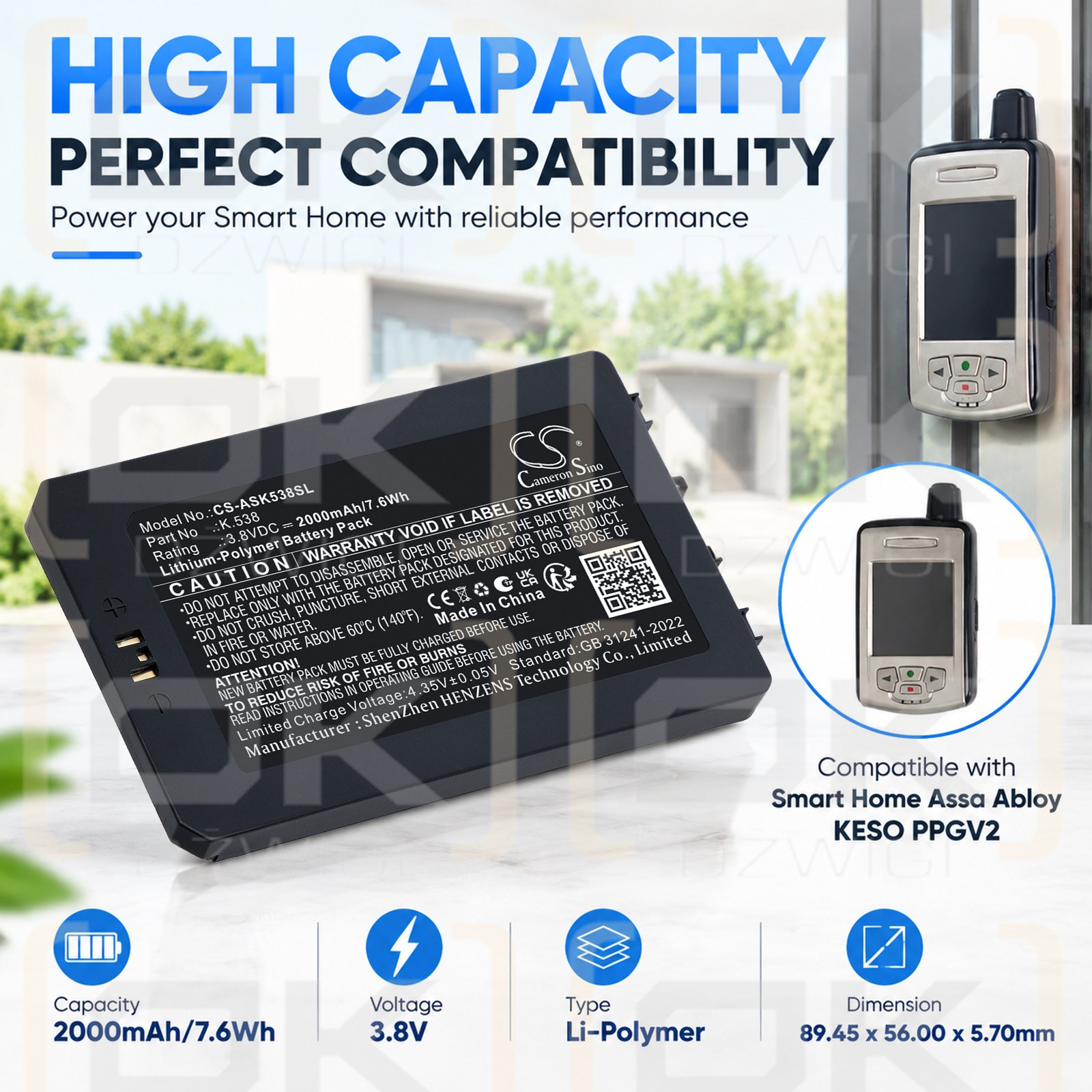 Bateria zamienna do Assa Abloy  Mifare Desfire / K.538 2000 mAh Li-Polymer 3.8 V (Cameron Sino)