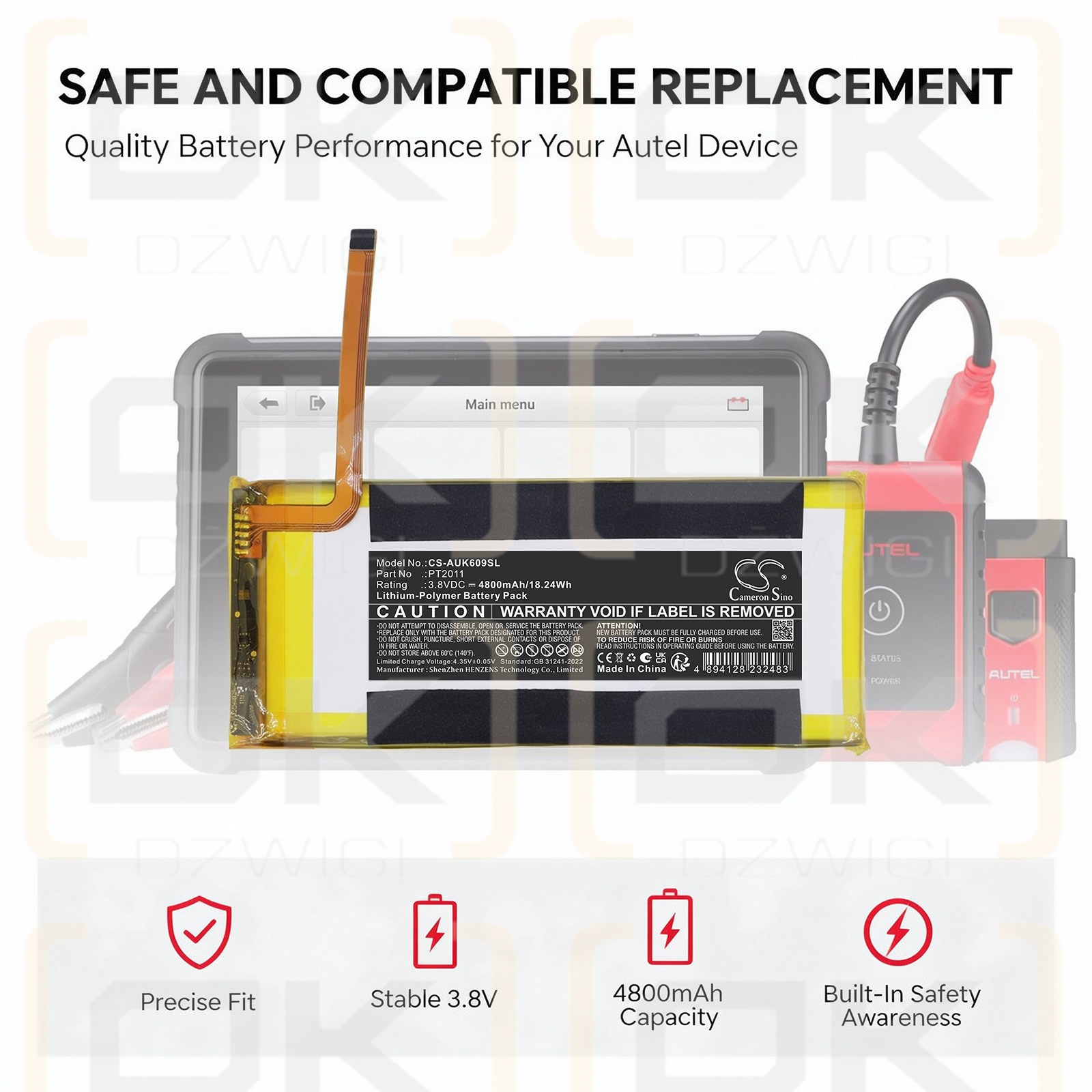 Replacement Battery for Autel MaxiBAS BT609 Scanner / PT2011 4800mAh Li-Polymer 3.8V (Cameron Sino)