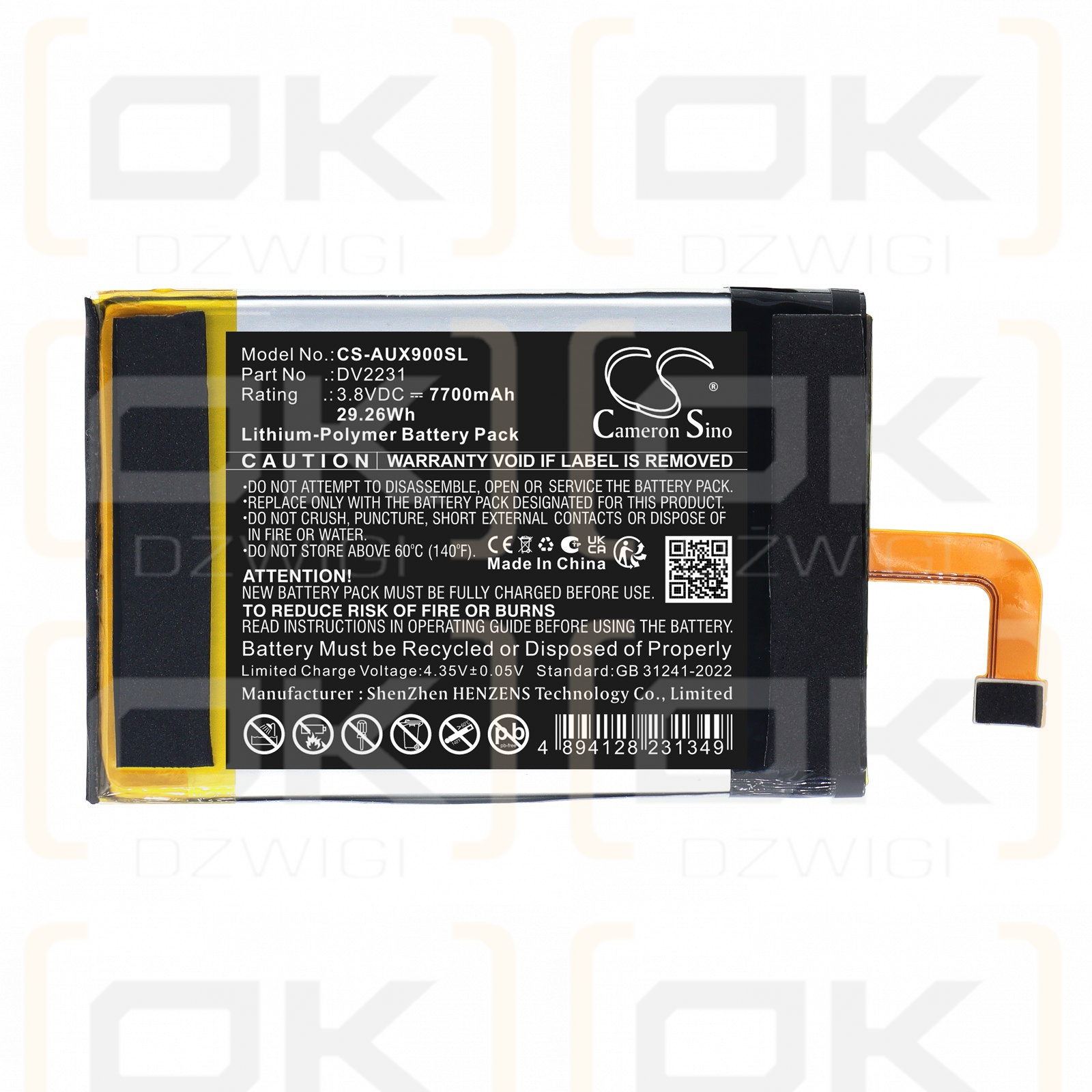 Replacement Battery for Autel MaxiCheck MX900-TS Diagnostic Scan Tools / DV2231 7700 mAh Li-Polymer 3.8 V (Cameron Sino)
