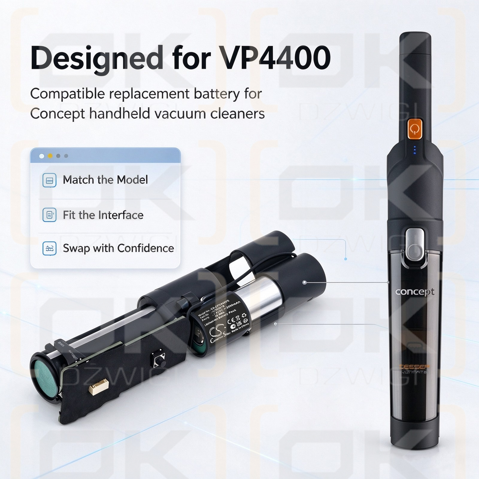 Batería de repuesto para Concept VP4420 / 42393578, 2500 mAh, iones de litio, 7,4 V (Cameron Sino)