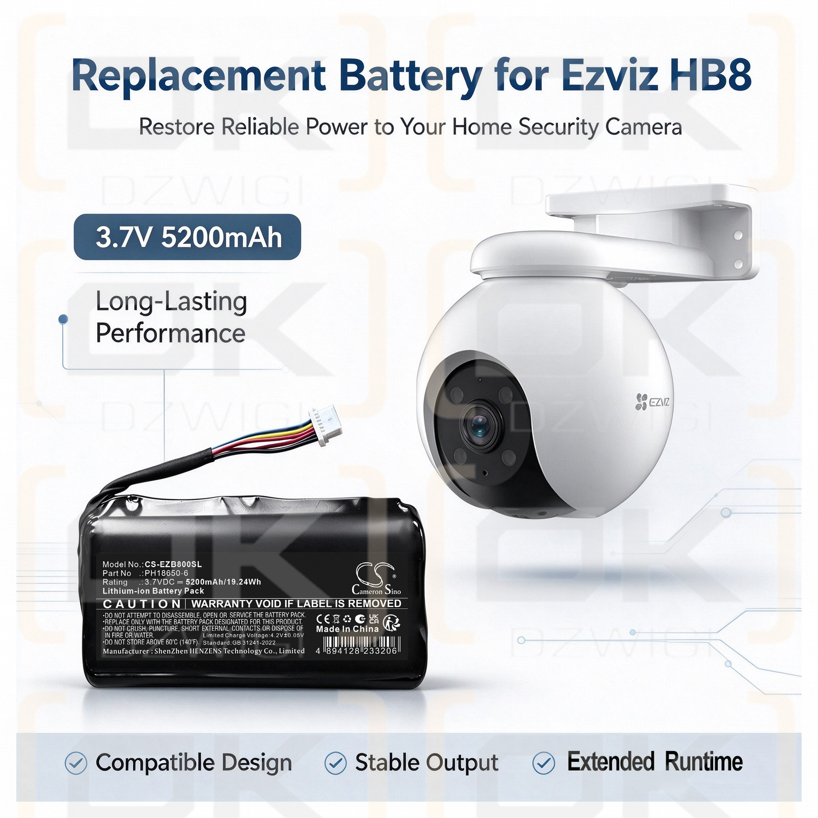 Replacement Battery for Ezviz HB90 / PH18650-6 5200mAh Li-ion 3.7V (Cameron Sino)
