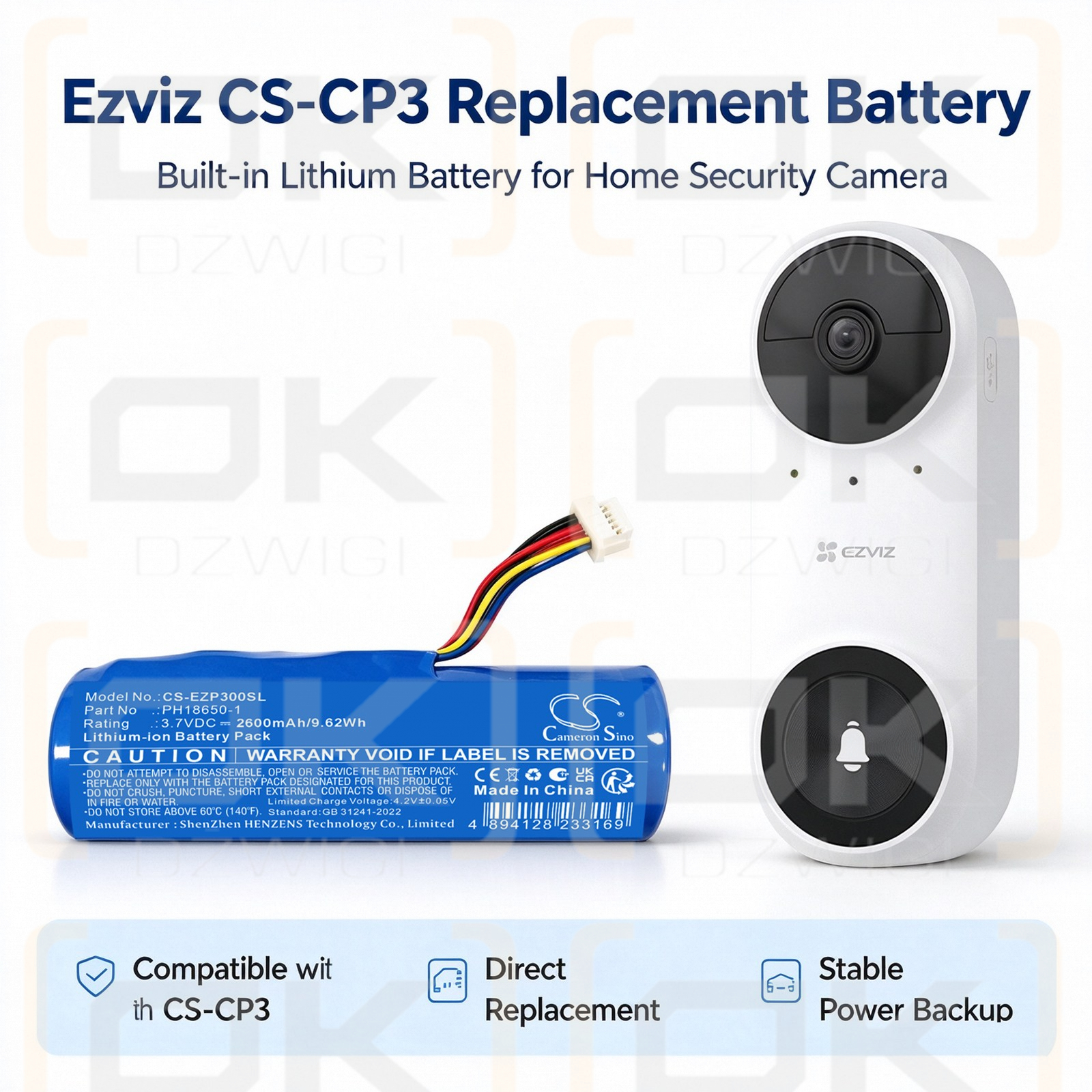 Replacement Battery for Ezviz CS-CP3 / PH18650-1 2600mAh Li-ion 3.7V (Cameron Sino)