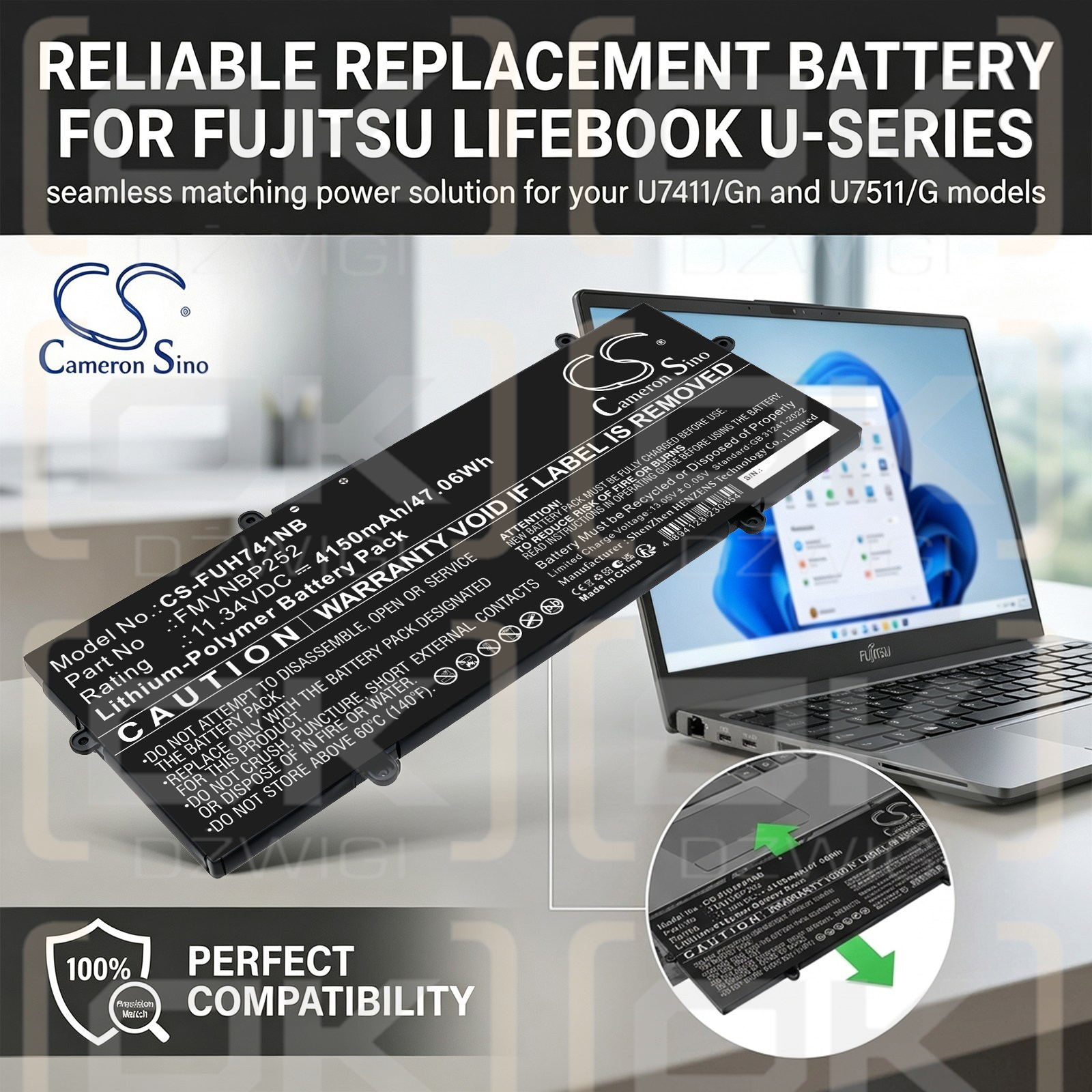 Bateria zamienna do Fujitsu  LifeBook U7511/G / CP801784-04 4150 mAh Li-Polymer 11.34 V (Cameron Sino)