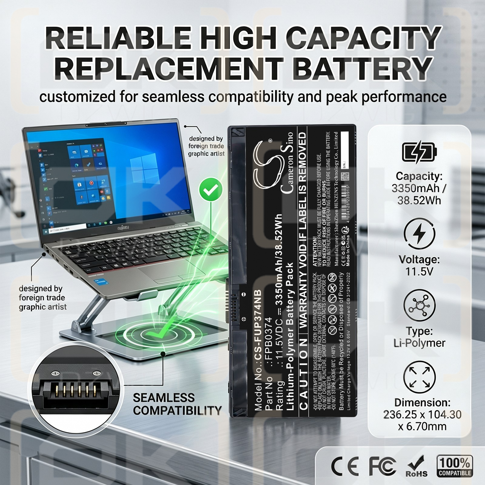 Ersatzakku für Fujitsu Lifebook WQ1K1 / CP854407-02 3350 mAh Li-Polymer 11,5 V (Cameron Sino)