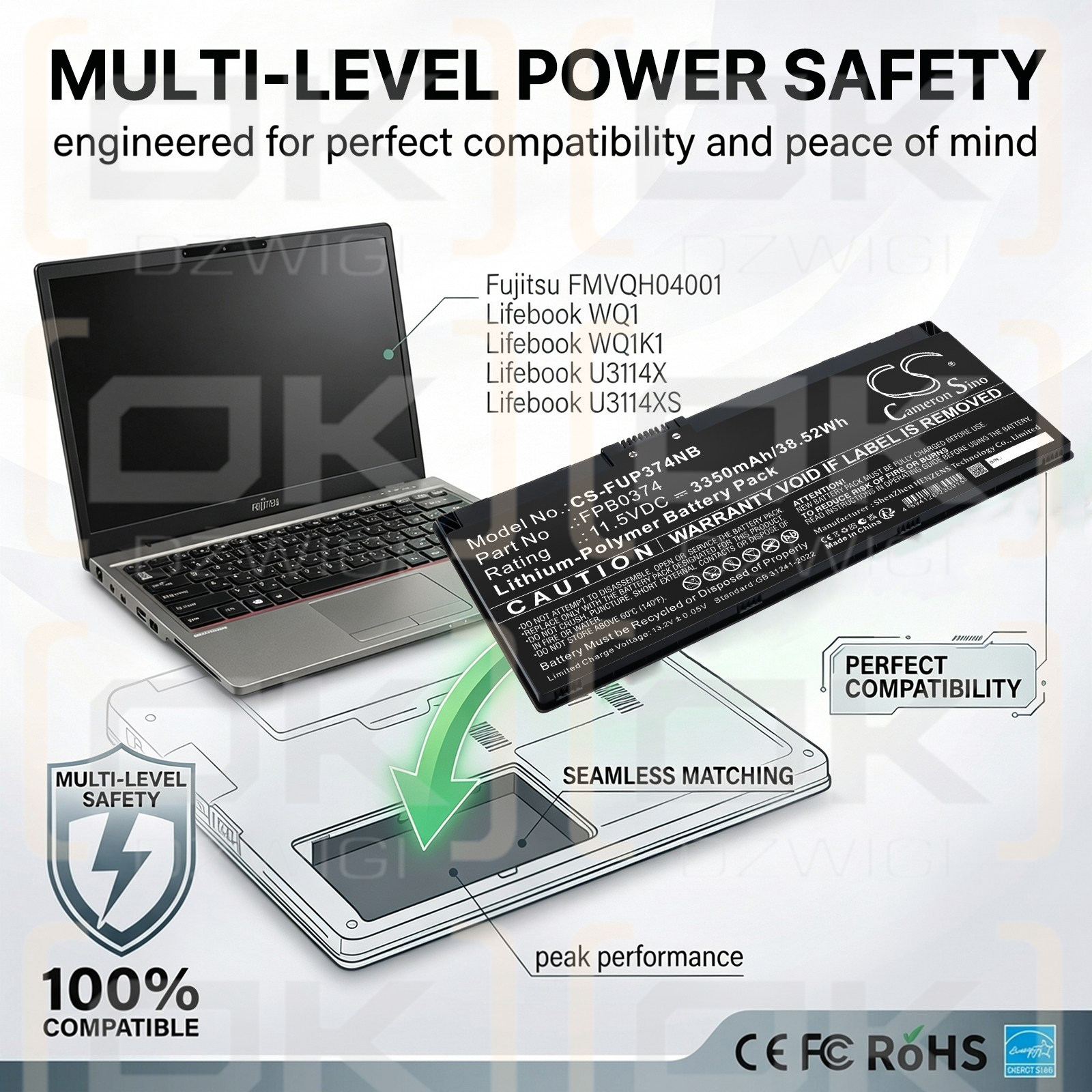 Ersatzakku für Fujitsu Lifebook WQ1K1 / CP854407-02 3350 mAh Li-Polymer 11,5 V (Cameron Sino)