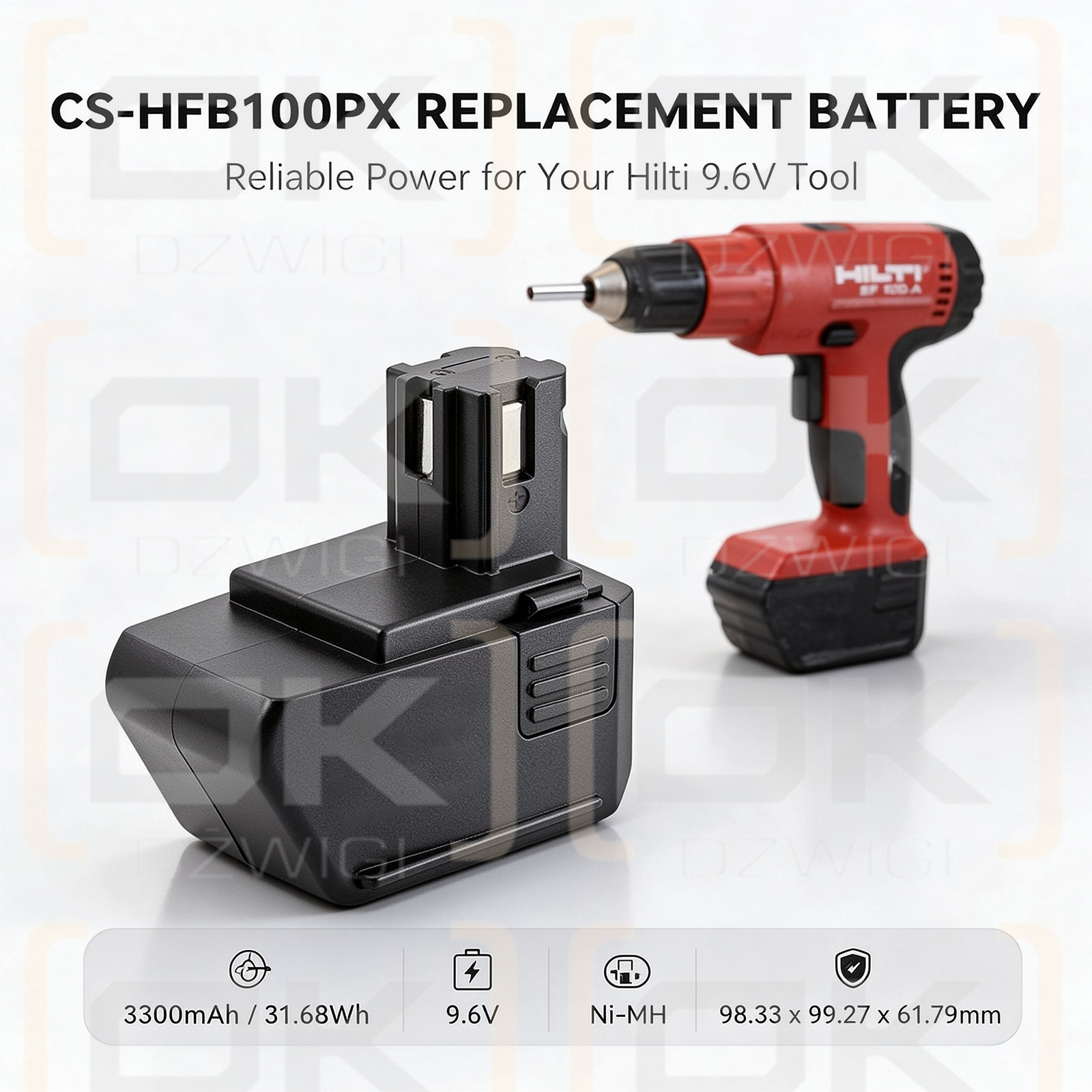 Replacement battery for HILTI SF100A / SBP10 3300 mAh Ni-MH 9.6 V (Cameron Sino)