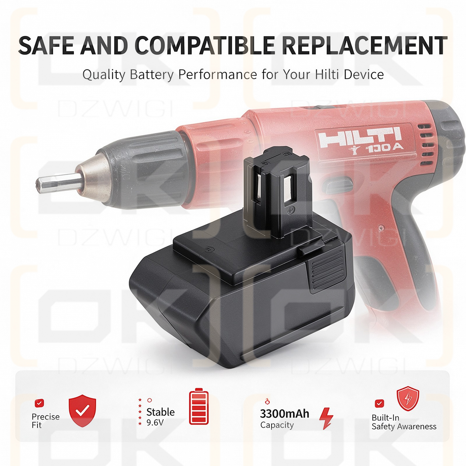 Replacement battery for HILTI SF100A / SBP10 3300 mAh Ni-MH 9.6 V (Cameron Sino)
