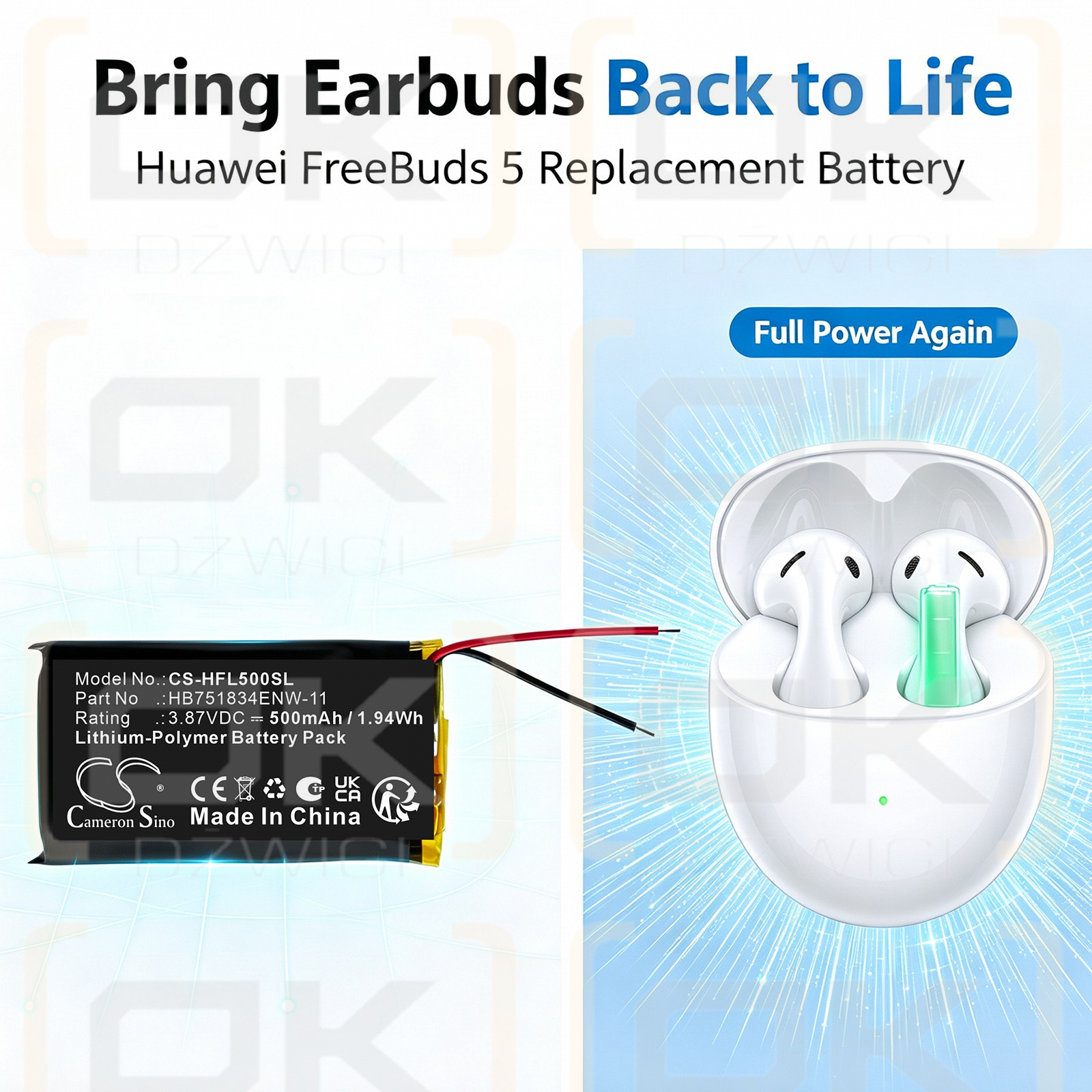 Bateria zamienna do Huawei  FreeBuds Pro4 / HB751834ENW-11 500 mAh Li-Polymer 3.87 V (Cameron Sino)