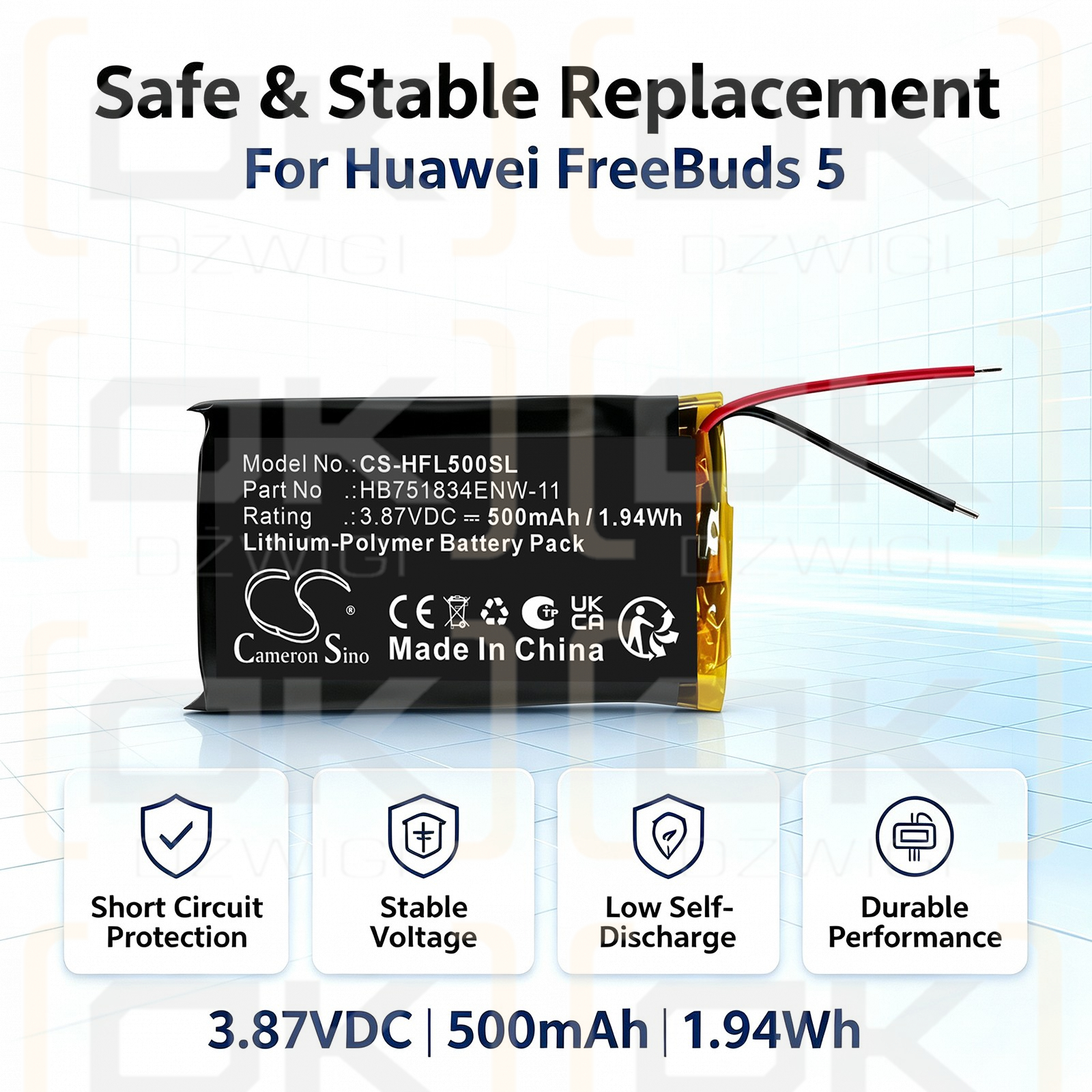 Bateria zamienna do Huawei  FreeBuds Pro4 / HB751834ENW-11 500 mAh Li-Polymer 3.87 V (Cameron Sino)