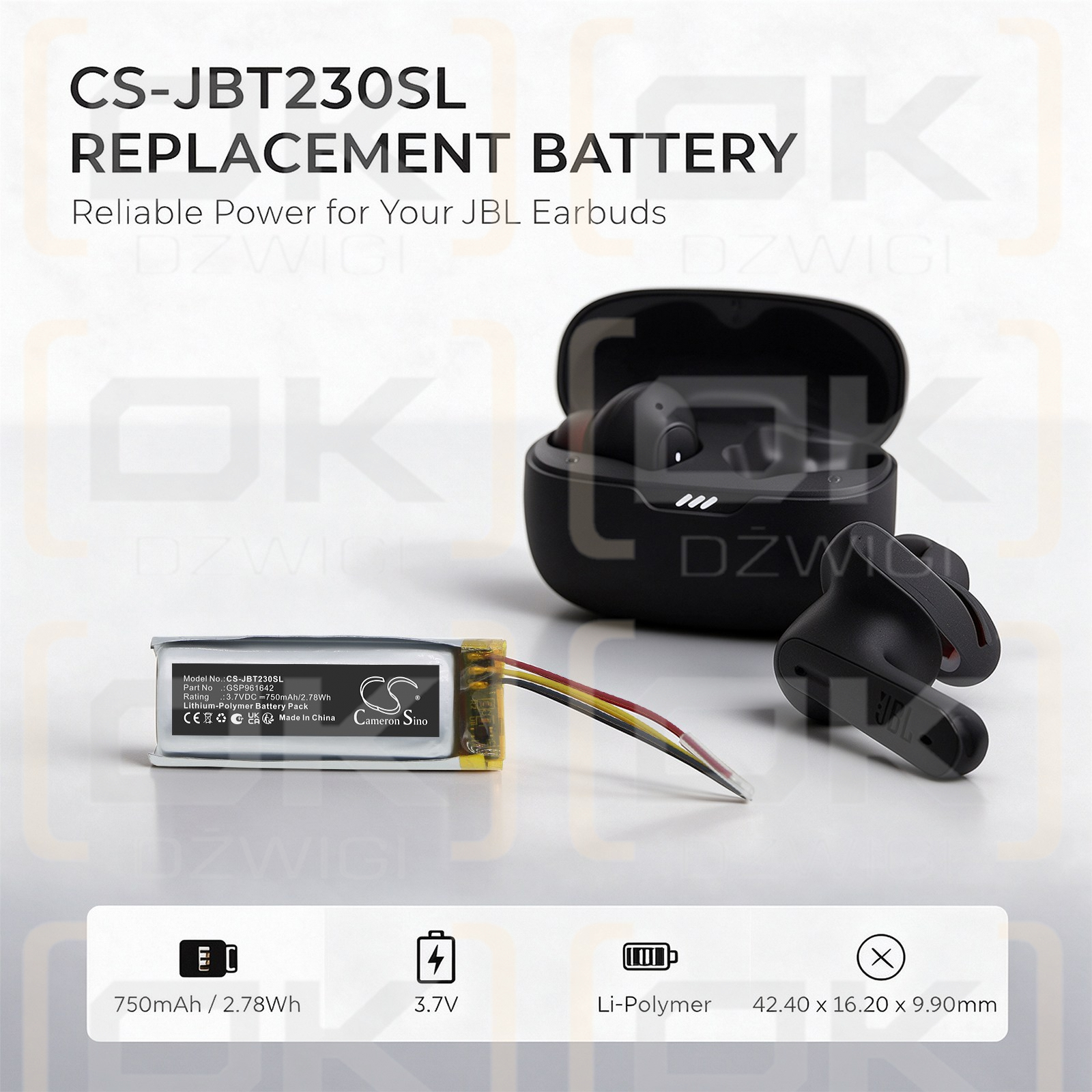 Bateria zamienna do JBL Tune Beam Earbuds charging Case / GSP961642 750 mAh Li-Polymer 3.7 V (Cameron Sino)