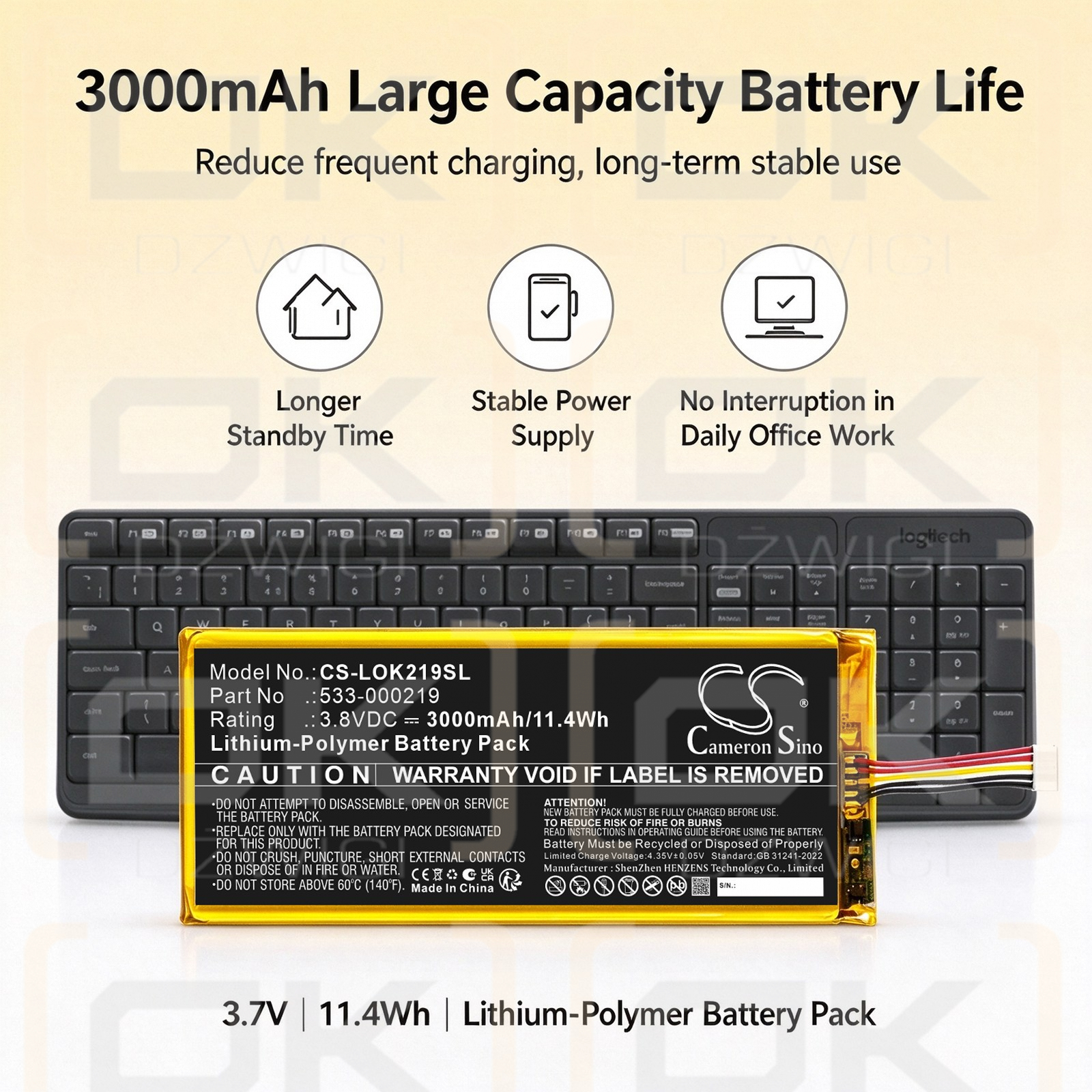 Replacement Battery for Logitech Keyboard Mo / 533-000219 3000 mAh Li-Polymer 3.8 V (Cameron Sino)