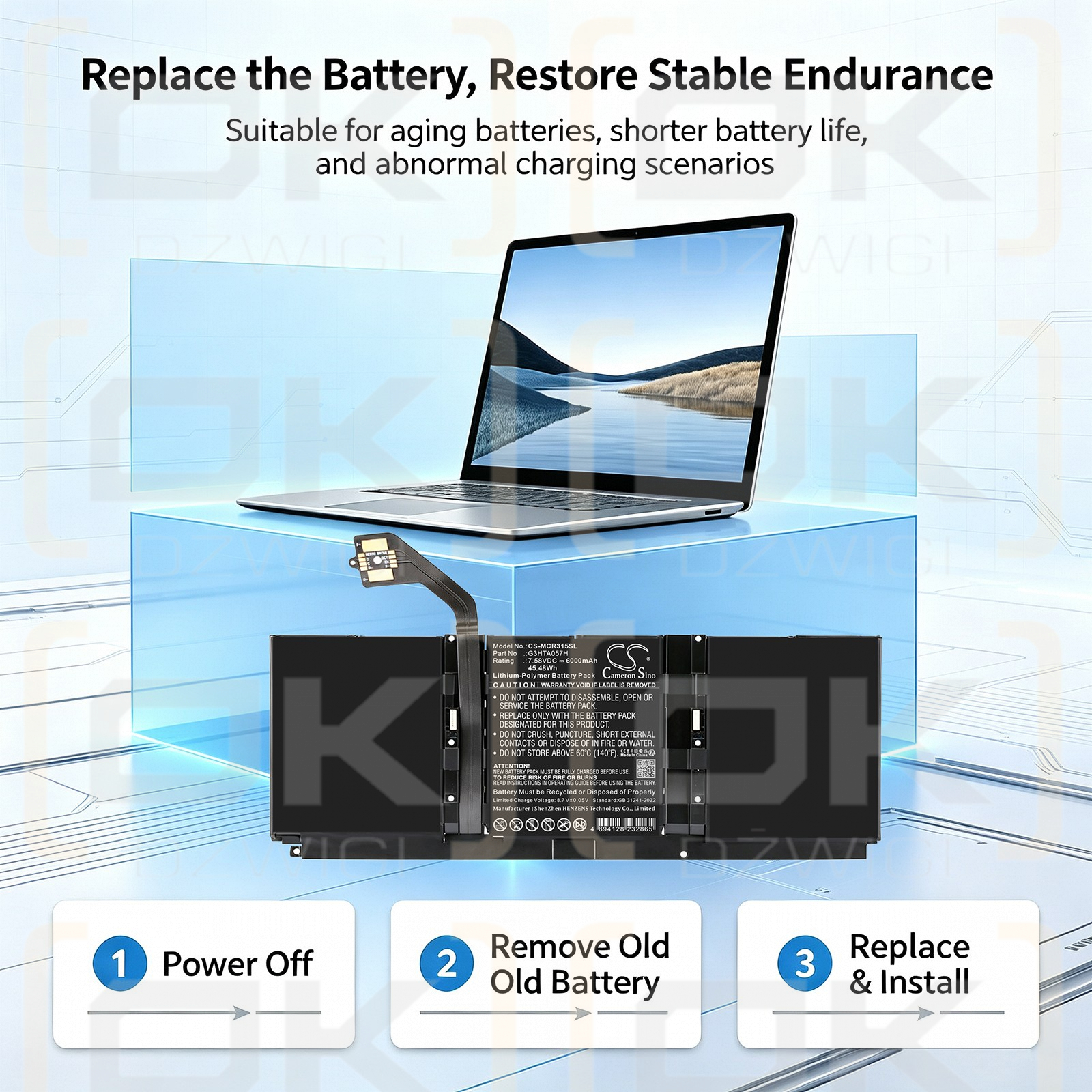 Ersatzakku für Microsoft Surface Laptop 3 1868 / G3HTA057H 6000mAh Li-Polymer 7,58V (Cameron Sino)
