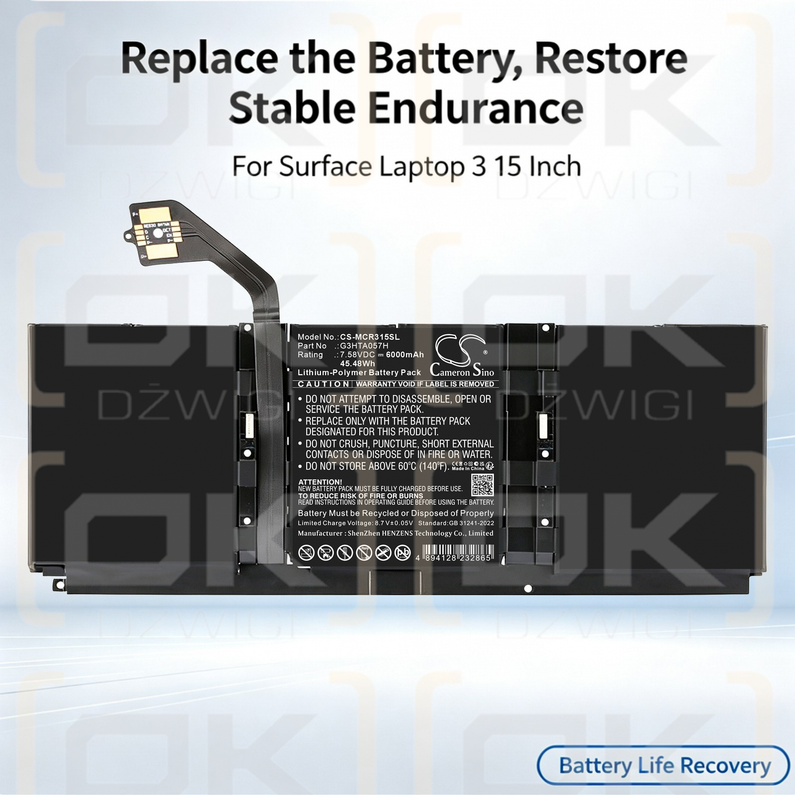 Ersatzakku für Microsoft Surface Laptop 3 1868 / G3HTA057H 6000mAh Li-Polymer 7,58V (Cameron Sino)