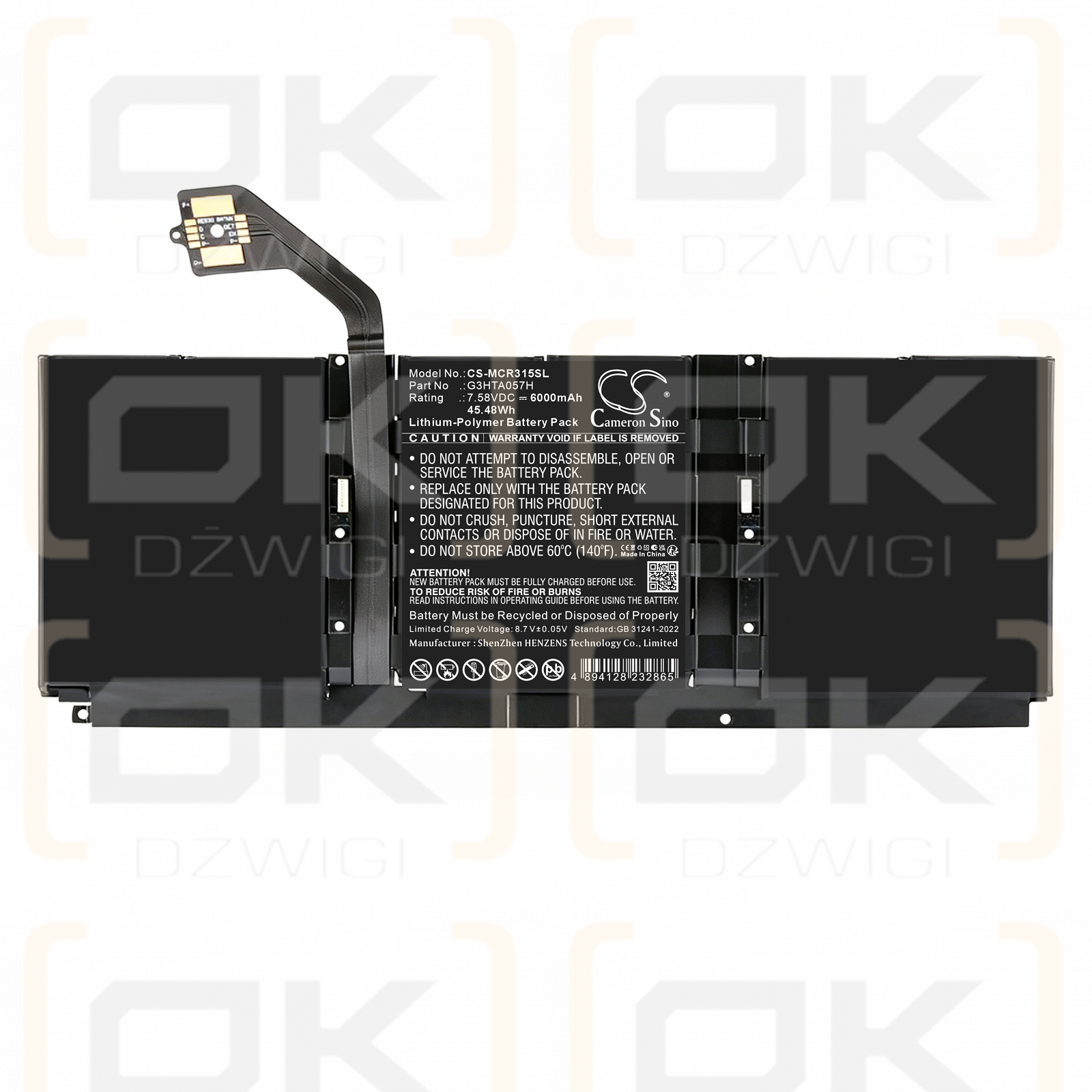 Ersatzakku für Microsoft Surface Laptop 3 1868 / G3HTA057H 6000mAh Li-Polymer 7,58V (Cameron Sino)