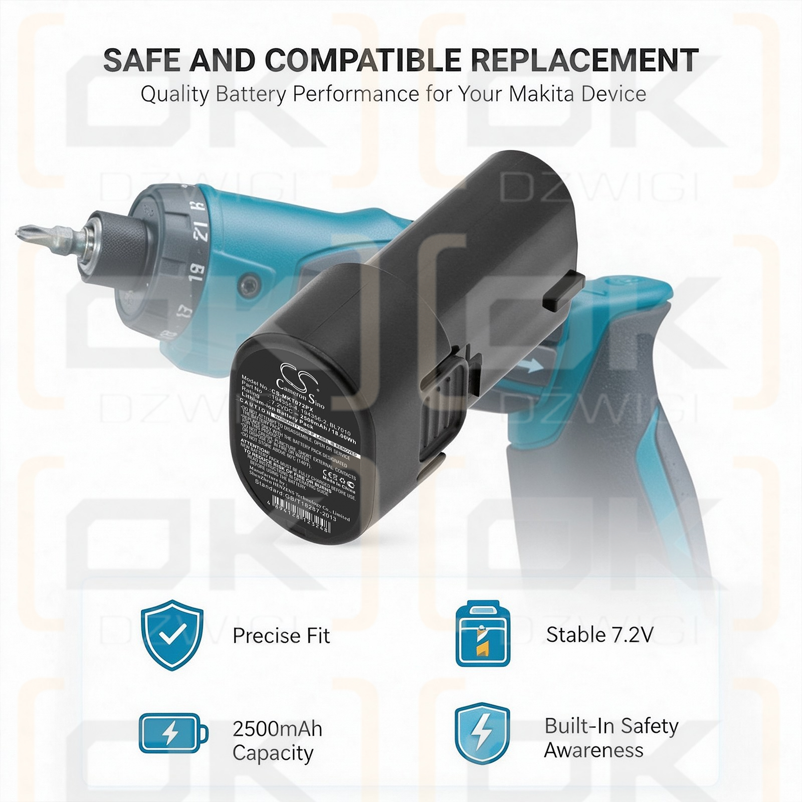 Ersatzakku für Makita TD022DSE / 194355-4 2500 mAh Li-Ion 7,2 V (Cameron Sino)