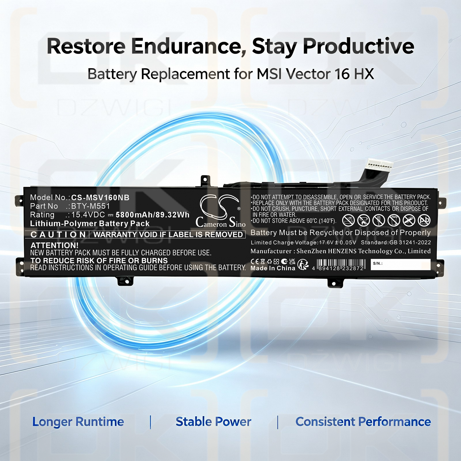 Ersatzakku für MSI Vector 17 HX A14VHG-617FR / BTY-M551 5800mAh Li-Polymer 15,4V (Cameron Sino)