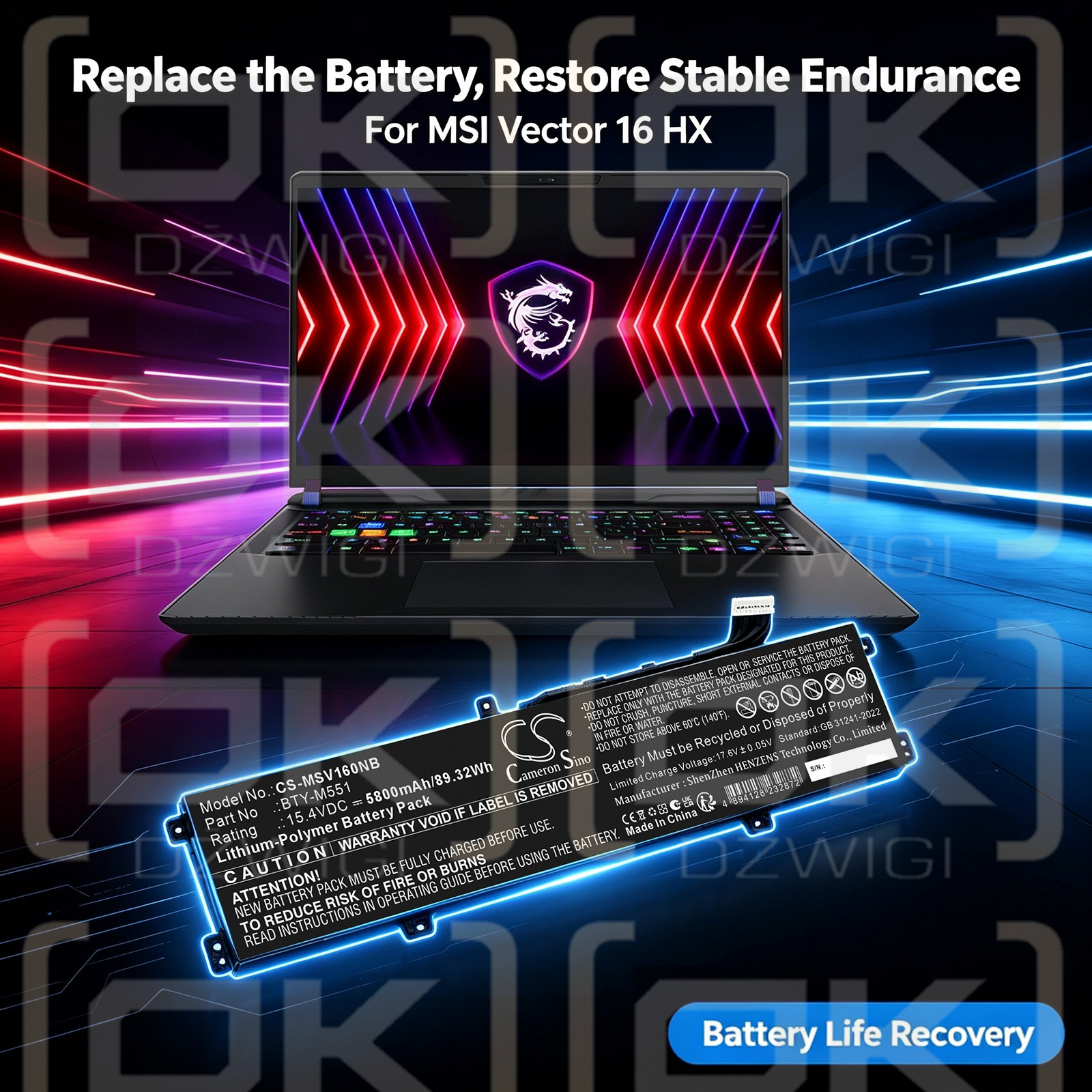 Ersatzakku für MSI Vector 17 HX A14VHG-617FR / BTY-M551 5800mAh Li-Polymer 15,4V (Cameron Sino)