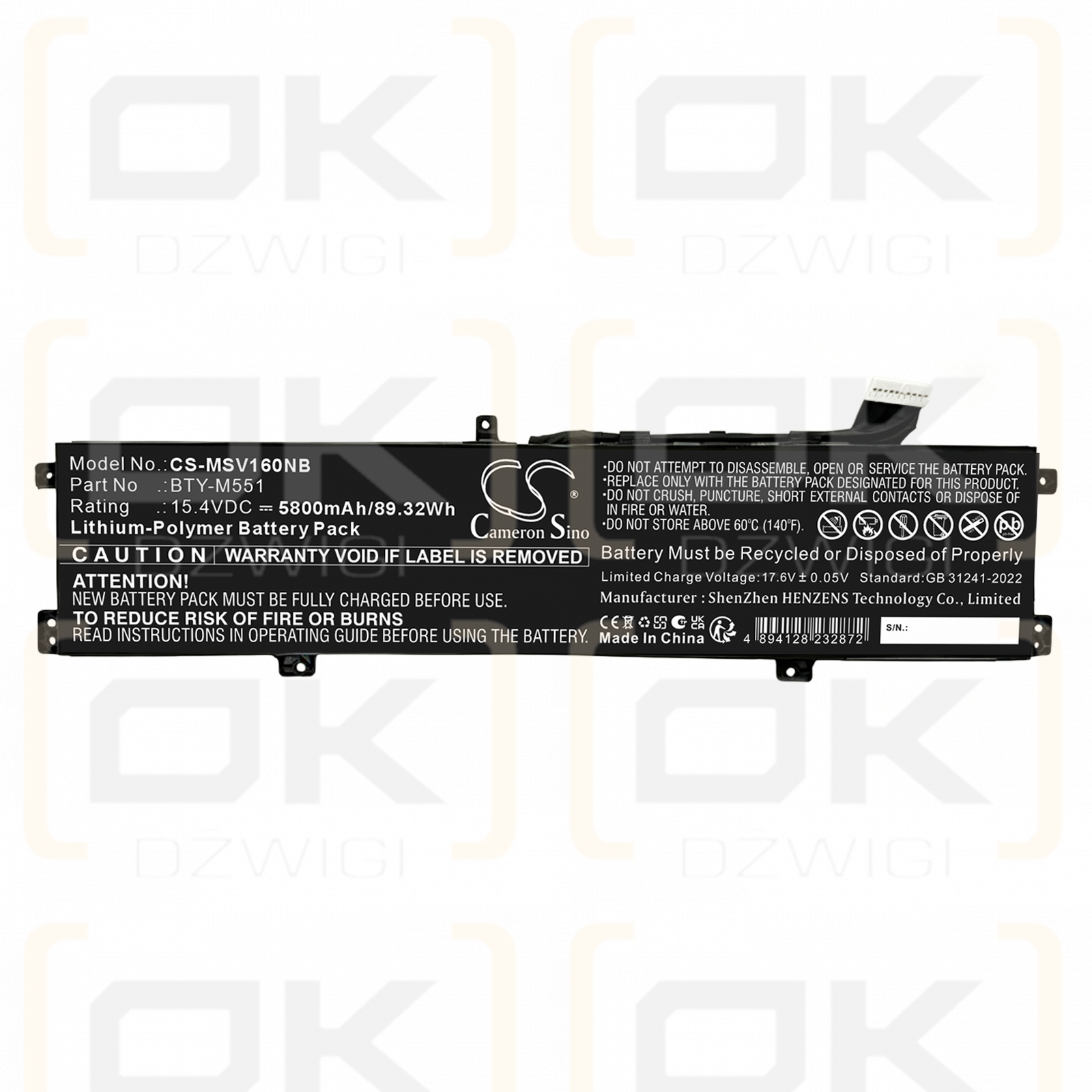 Ersatzakku für MSI Vector 17 HX A14VHG-617FR / BTY-M551 5800mAh Li-Polymer 15,4V (Cameron Sino)
