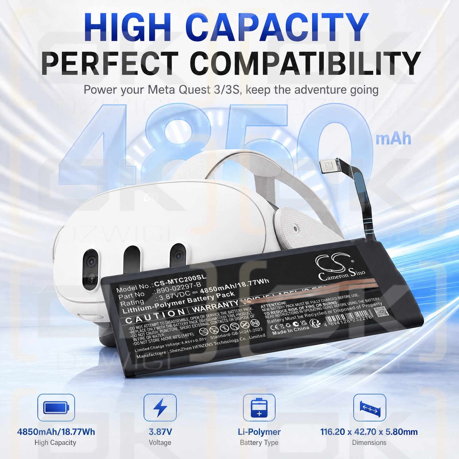 Replacement Battery for Meta Quest 3 Premium / 890-02297-B 4850 mAh Li-Polymer 3.87 V (Cameron Sino)