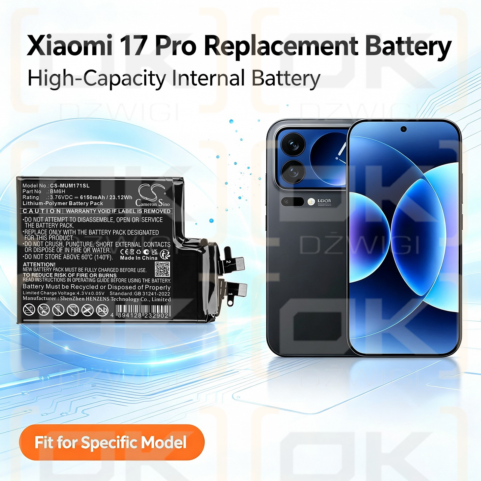 Ersatzakku für Xiaomi 17 Pro / BM6H 6150mAh Li-Polymer 3,76V (Cameron Sino)
