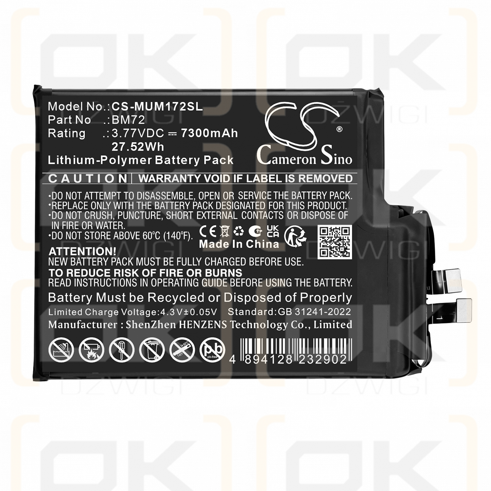 Ersatzakku für Xiaomi 2509FPN0BC / BM72 7300mAh Li-Polymer 3,77V (Cameron Sino)