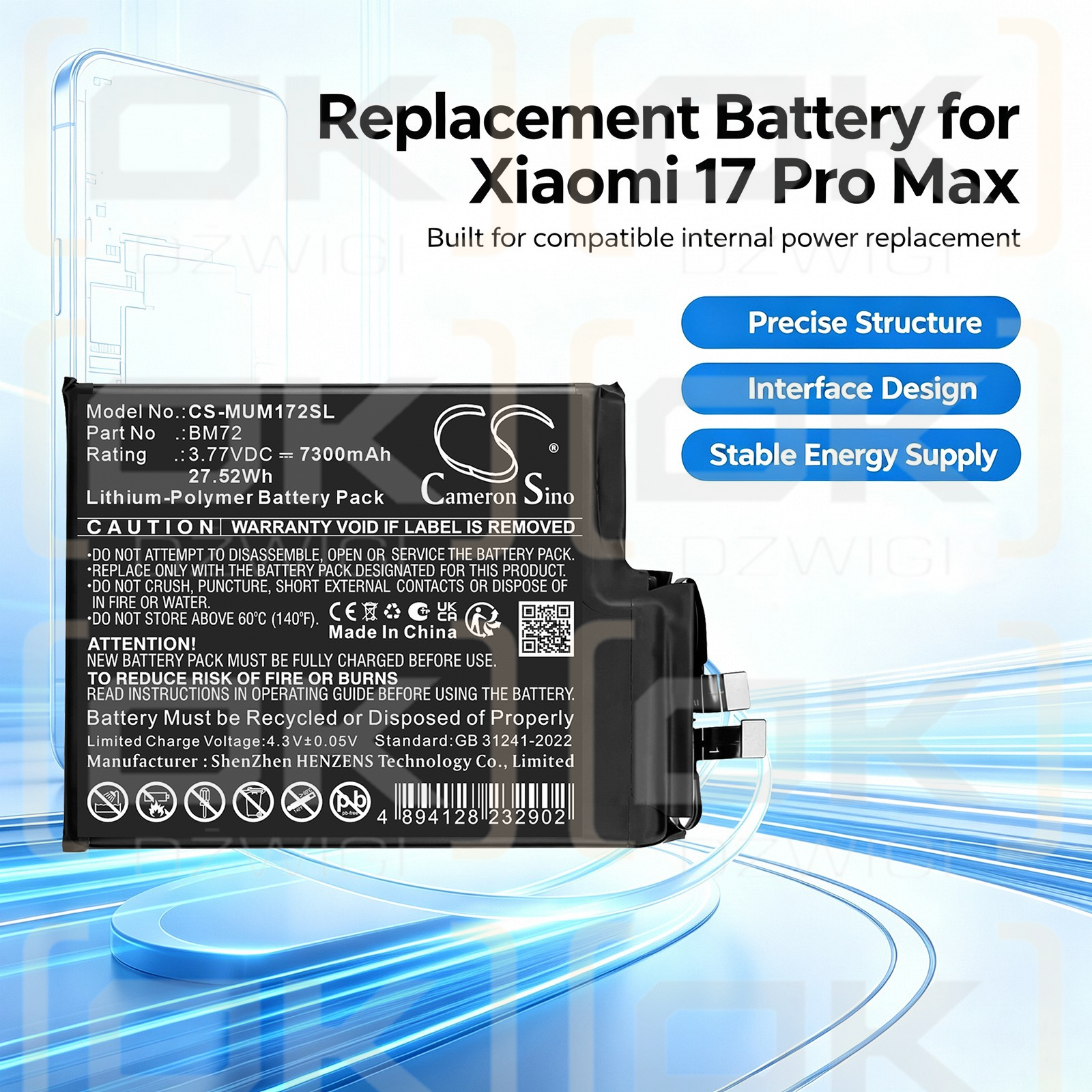Ersatzakku für Xiaomi 2509FPN0BC / BM72 7300mAh Li-Polymer 3,77V (Cameron Sino)